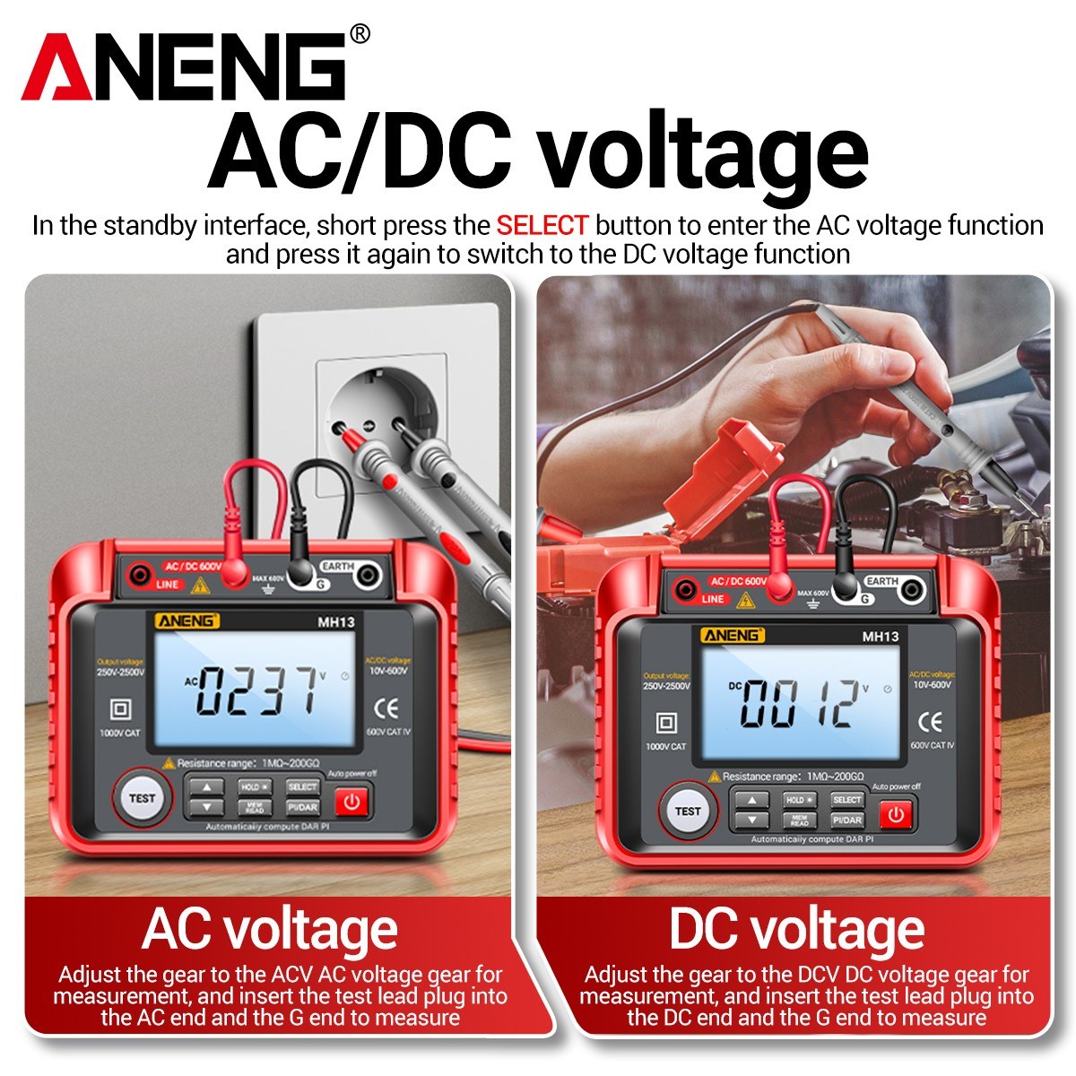 ANENG MH13 Digital Insulation Resistance Tester 250V-2500V, 1MΩ-200GΩ Megohm Meter, Auto Range, 2000 Counts LCD, 10V-600V AC/DC Voltmeter, 100 Data Storage