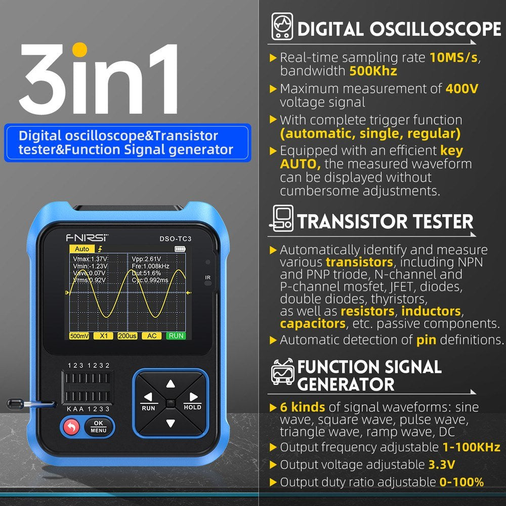 FNIRSI DSO-TC3 3-in-1 Digital Oscilloscope & Transistor Tester with Signal Generator & 2.4 TFT Display (Standard)