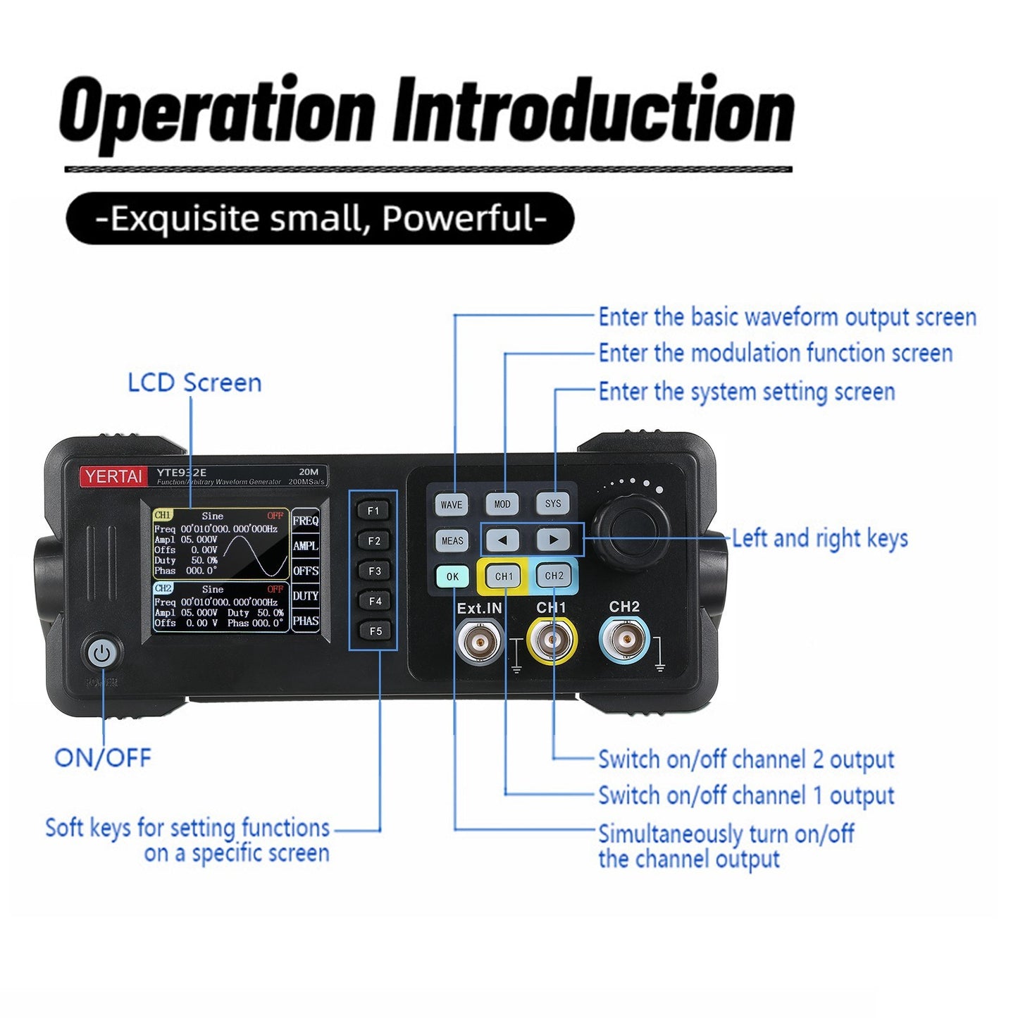 20MHz Dual-Channel Arbitrary Waveform Generator, 200MSa/s, 8k Storage, 2.4 TFT LCD