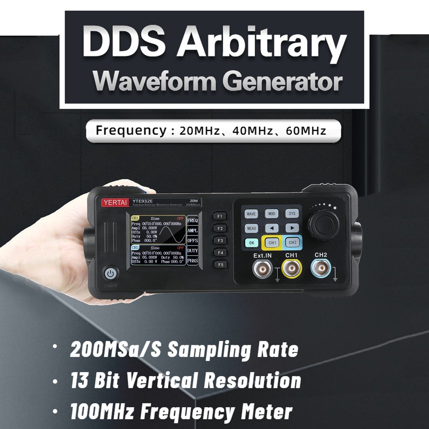 20MHz Dual-Channel Arbitrary Waveform Generator, 200MSa/s, 8k Storage, 2.4 TFT LCD