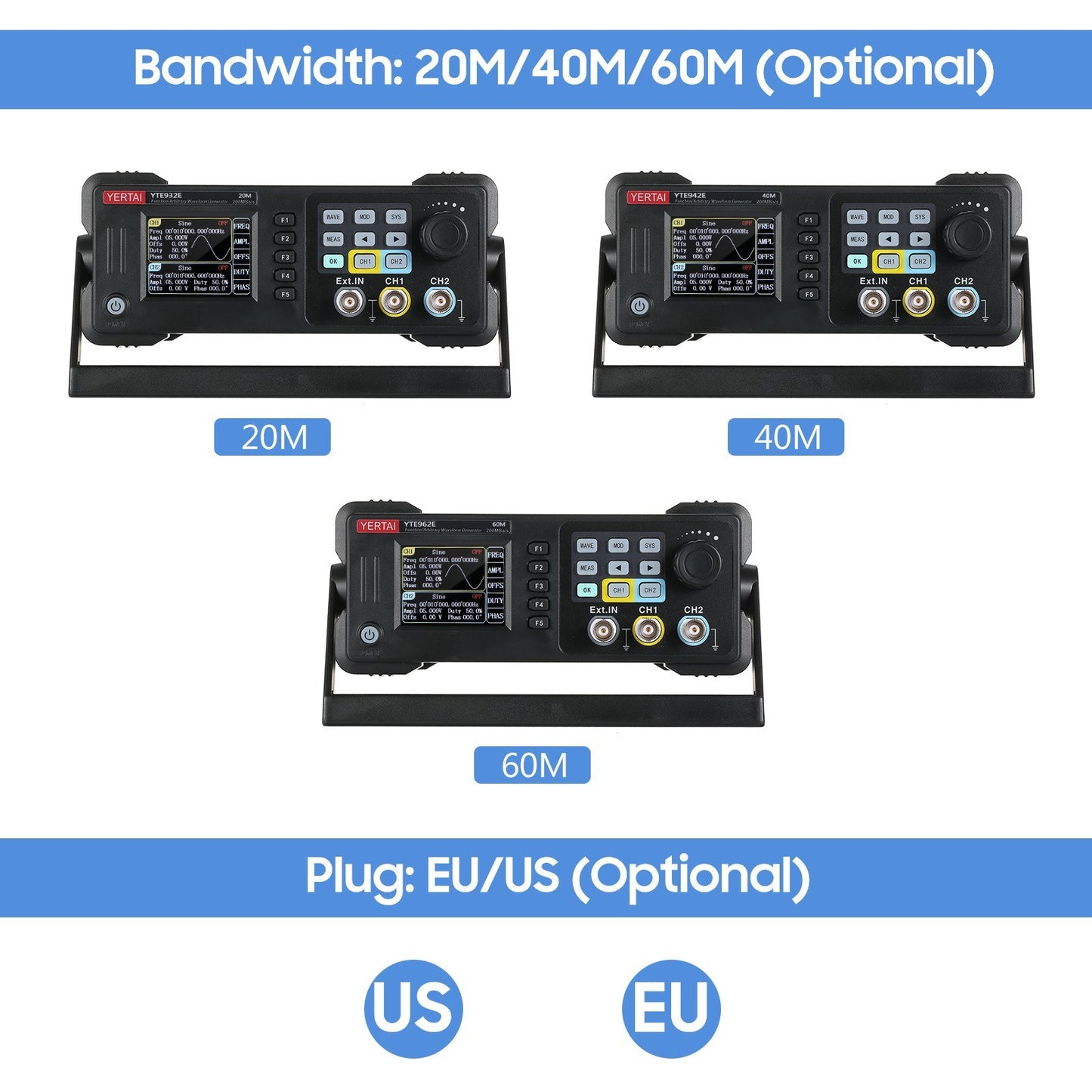 20MHz Dual-Channel Arbitrary Waveform Generator, 200MSa/s, 8k Storage, 2.4 TFT LCD