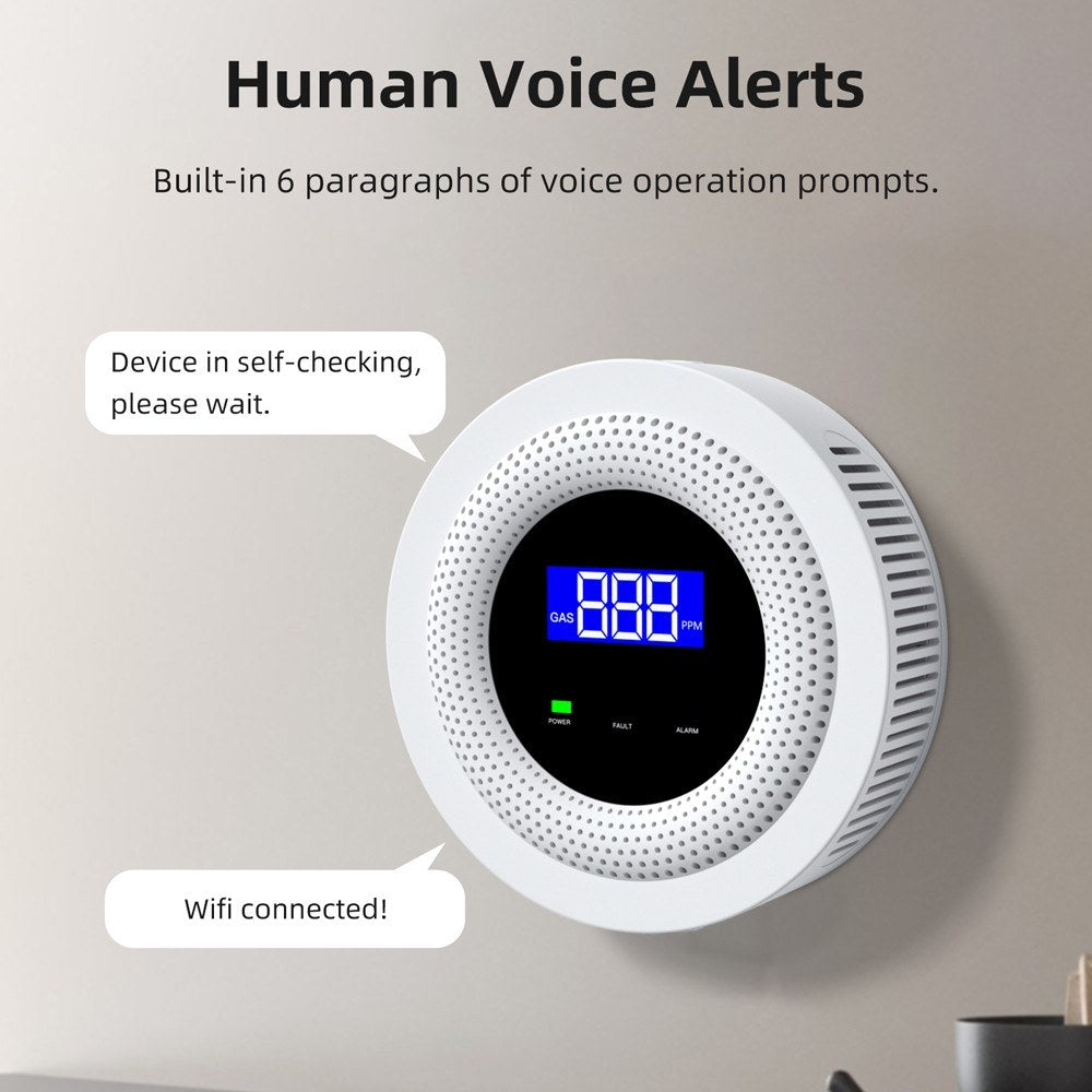 Tuya WiFi Gas Leak Detector with Voice Prompt, Remote Alarm, Concentration Display & USB Power Supply
