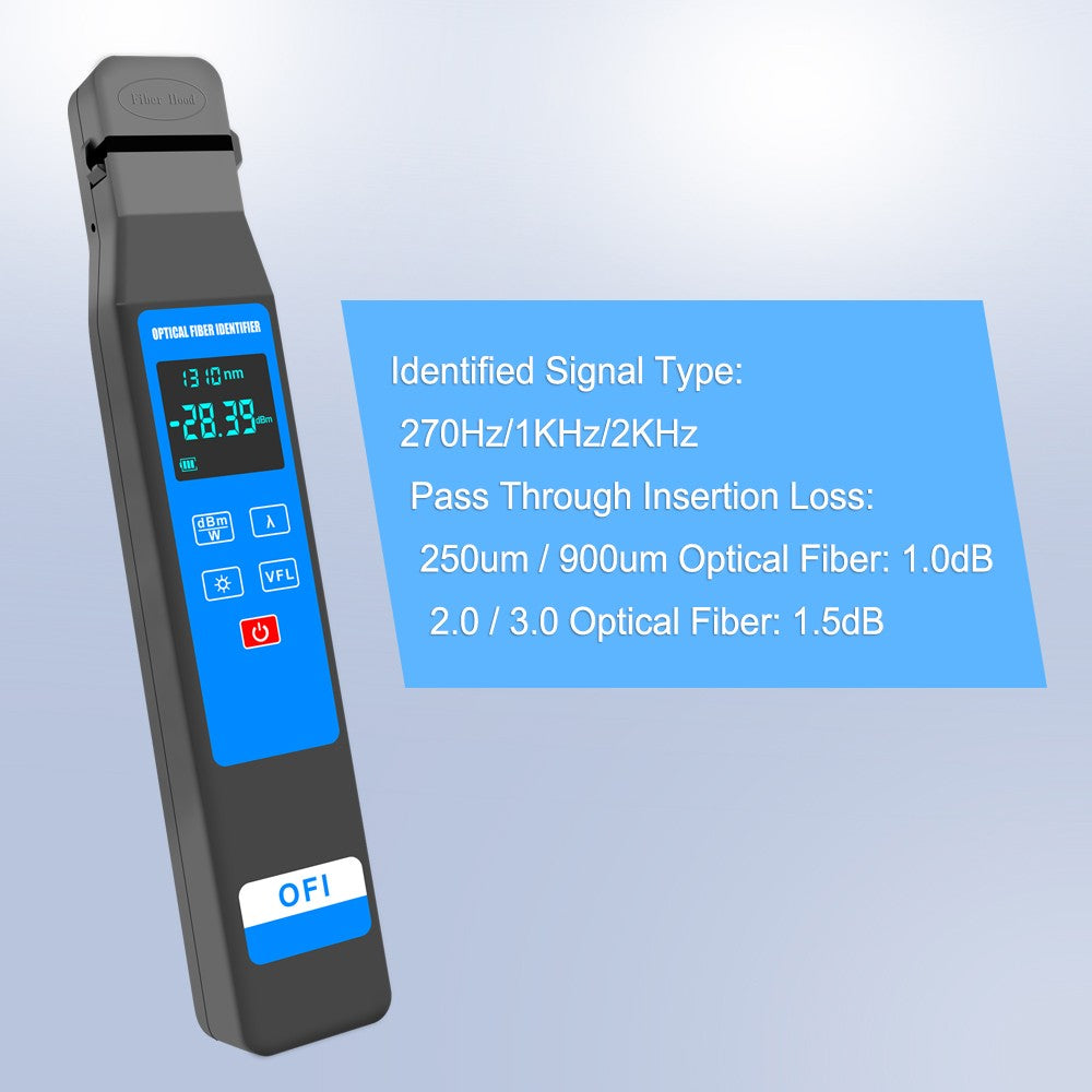 4-in-1 Fiber Optic Identifier with LCD Display & 10mW Visual Fault Locator for 0.25-3.0mm Fibers