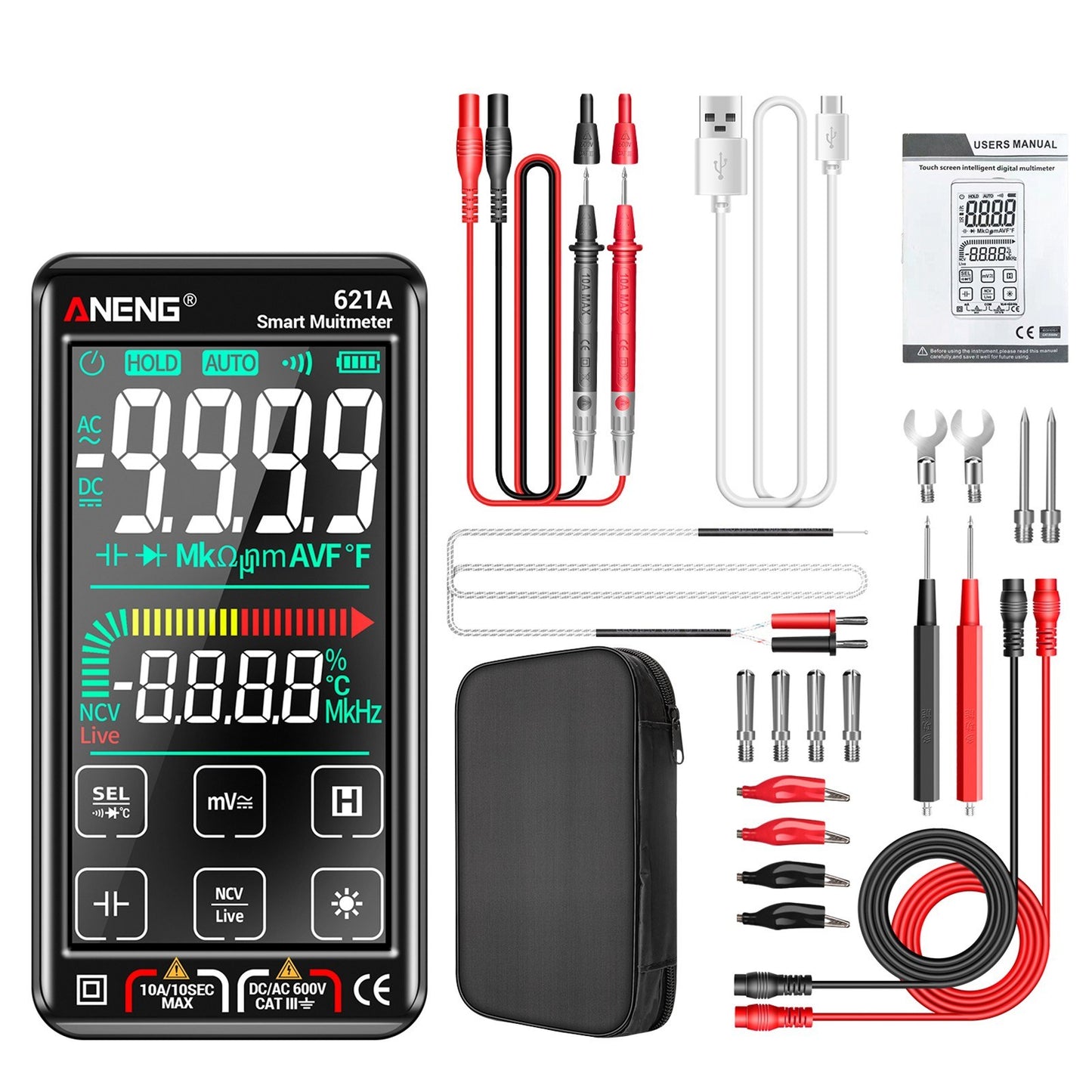 ANENG 621A Touch Screen Digital Multimeter 9999 Counts Auto Range Portable Rechargeable NCV Meter