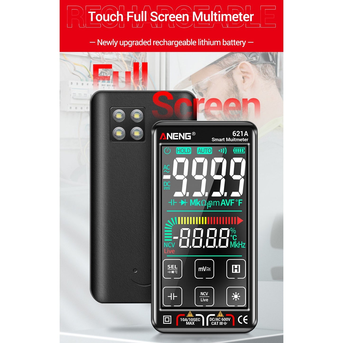 ANENG 621A Touch Screen Digital Multimeter 9999 Counts Auto Range Portable Rechargeable NCV Meter