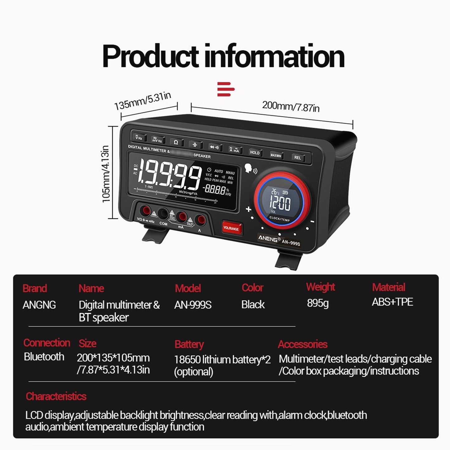 ANENG 2-In-1 Bluetooth Speaker AC/DC Bench Multimeter, 19999 Counts True-RMS Voice Broadcast (Non-Rechargeable)