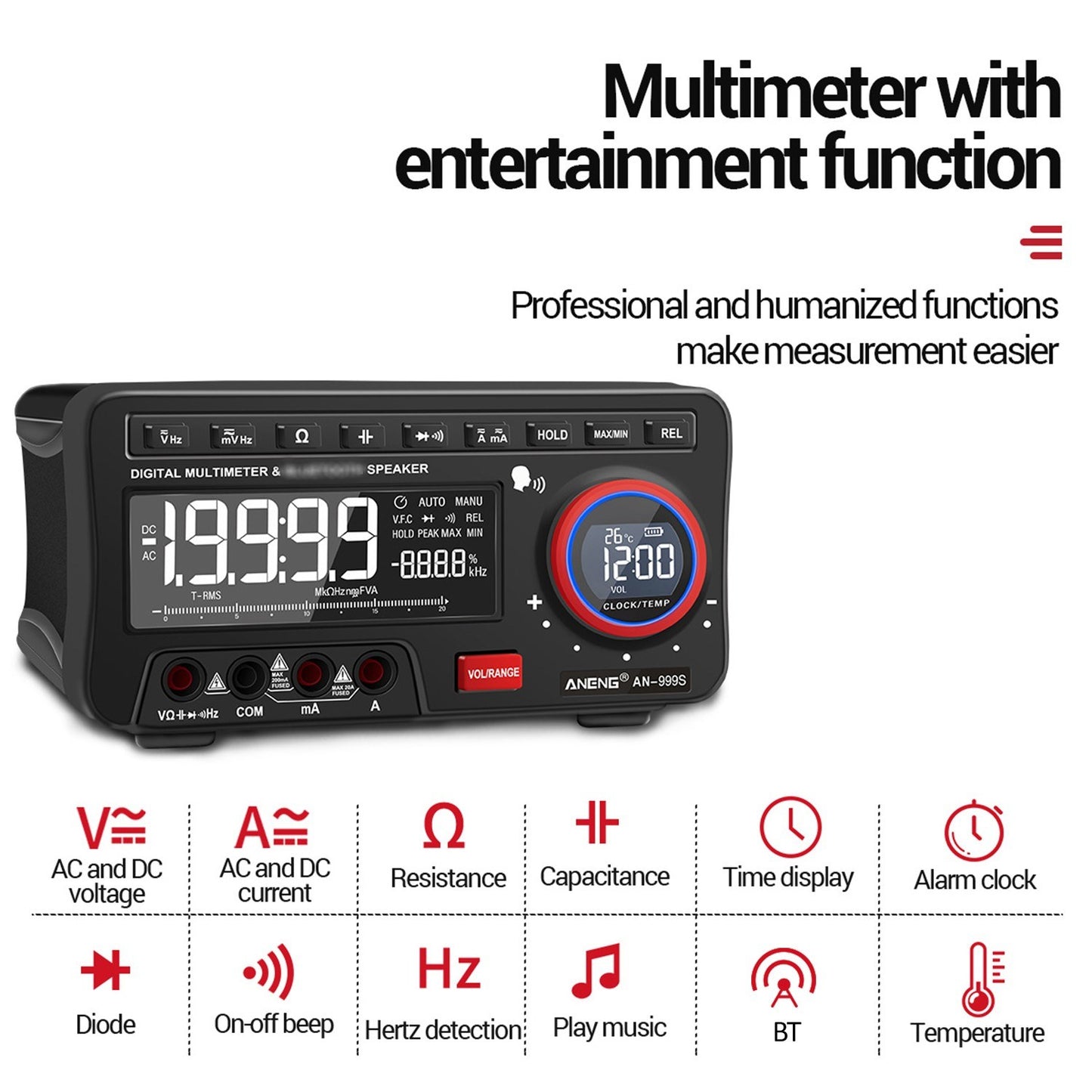 ANENG 2-In-1 Bluetooth Speaker AC/DC Bench Multimeter, 19999 Counts True-RMS Voice Broadcast (Non-Rechargeable)