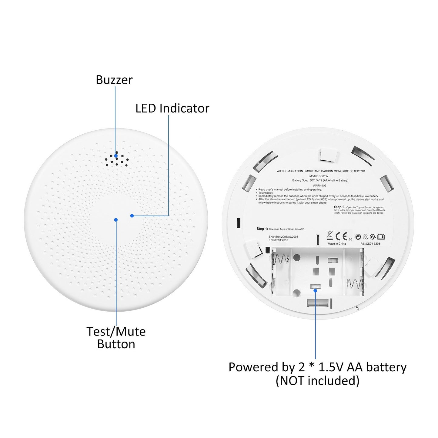 2-in-1 Smart Smoke & CO Alarm Sensor with WiFi for Home & Commercial Use