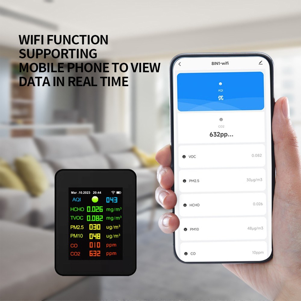 Tuya WiFi 7-in-1 Portable Air Quality Meter: PM2.5, PM10, CO2, TVOC, HCHO, AQI Tester