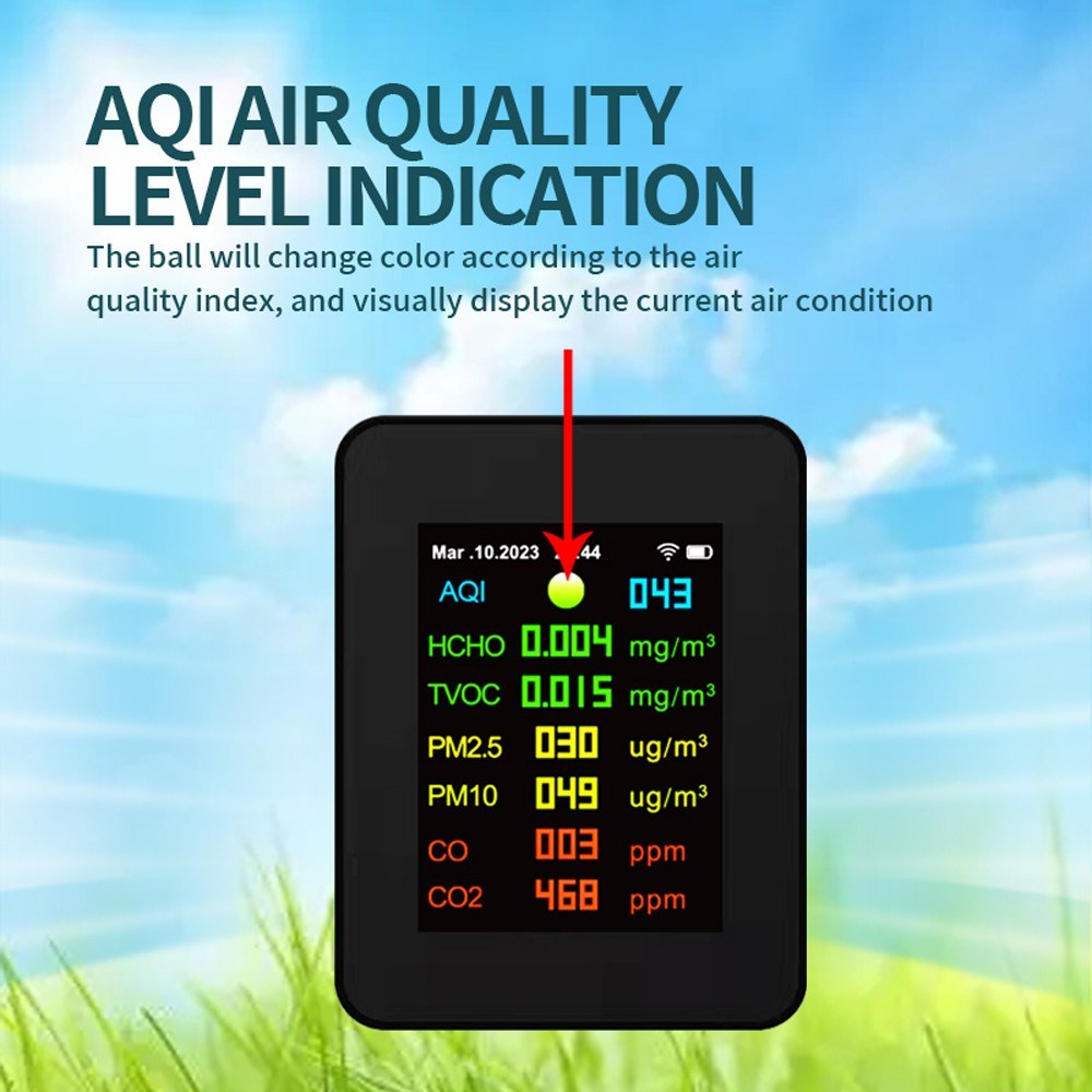 Tuya WiFi 7-in-1 Portable Air Quality Meter: PM2.5, PM10, CO2, TVOC, HCHO, AQI Tester