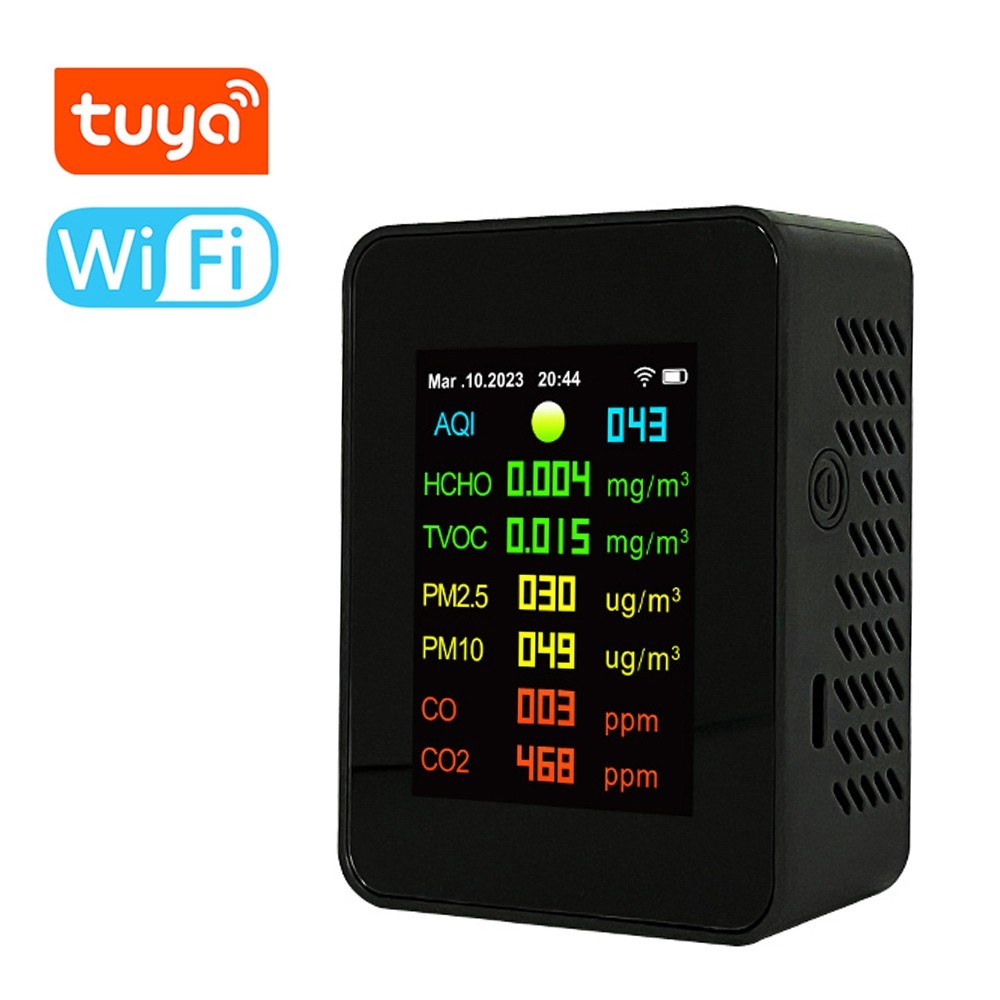 Tuya WiFi 7-in-1 Portable Air Quality Meter: PM2.5, PM10, CO2, TVOC, HCHO, AQI Tester