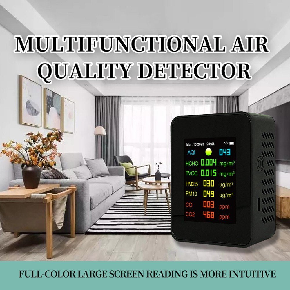 Tuya WiFi 7-in-1 Portable Air Quality Meter: PM2.5, PM10, CO2, TVOC, HCHO, AQI Tester