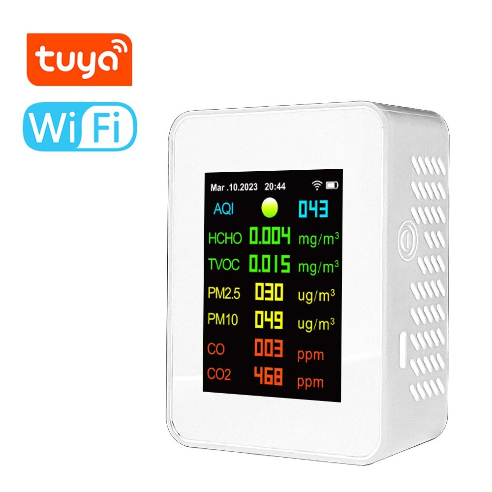 Tuya WiFi 7-in-1 Portable Air Quality Meter: PM2.5, PM10, CO2, TVOC, HCHO, AQI Tester