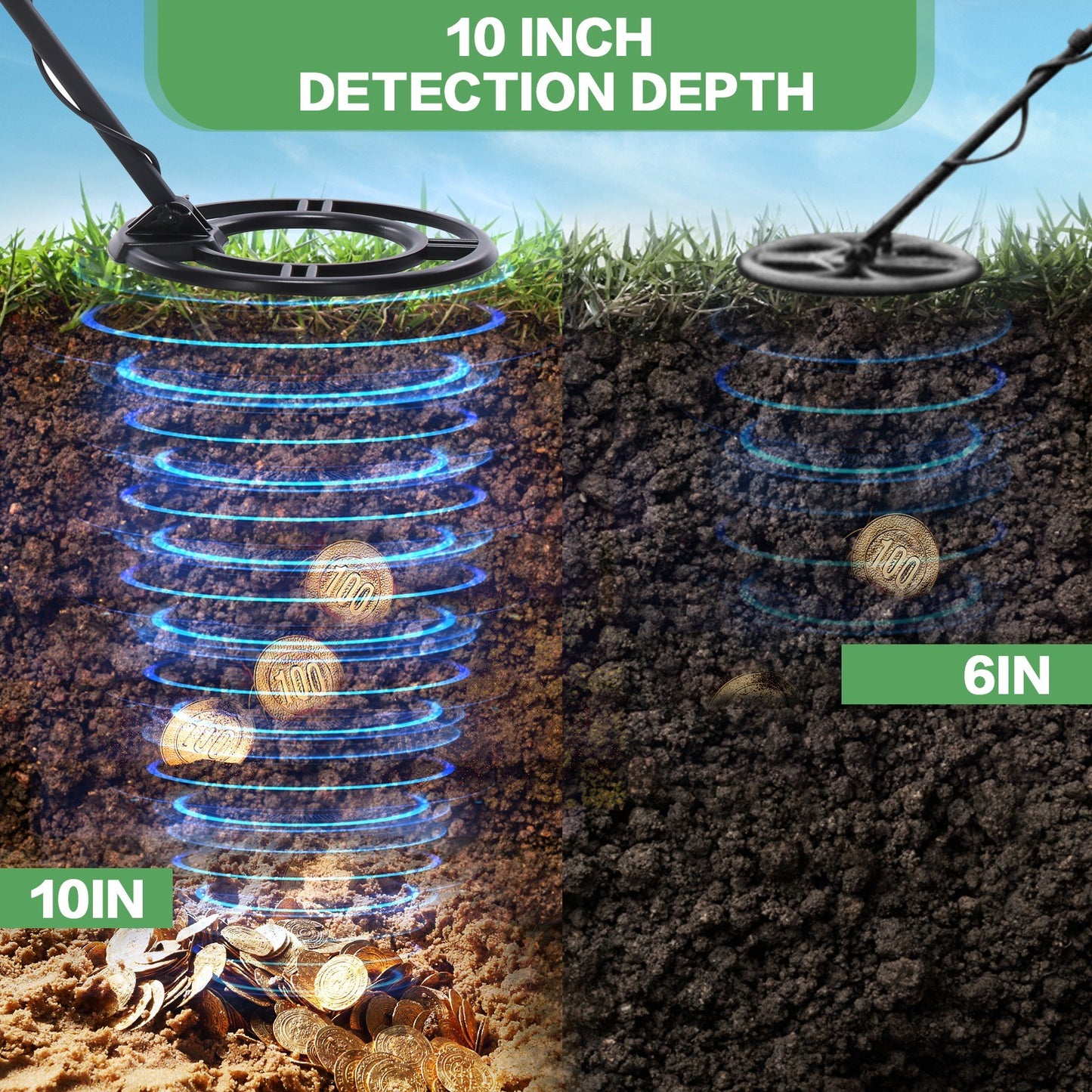 High-Accuracy Metal Detector for Kids & Adults with LCD, Adjustable Stem, 4 Modes, 10 Search Coil - Ideal for Gold, Silver, Coin and Treasure Hunting - Green