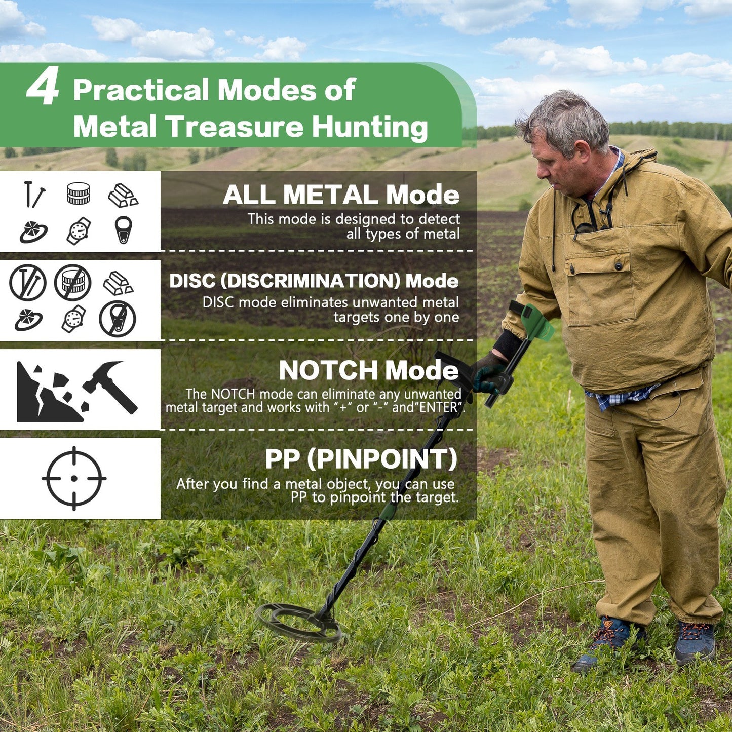 High-Accuracy Metal Detector for Kids & Adults with LCD, Adjustable Stem, 4 Modes, 10 Search Coil - Ideal for Gold, Silver, Coin and Treasure Hunting - Green