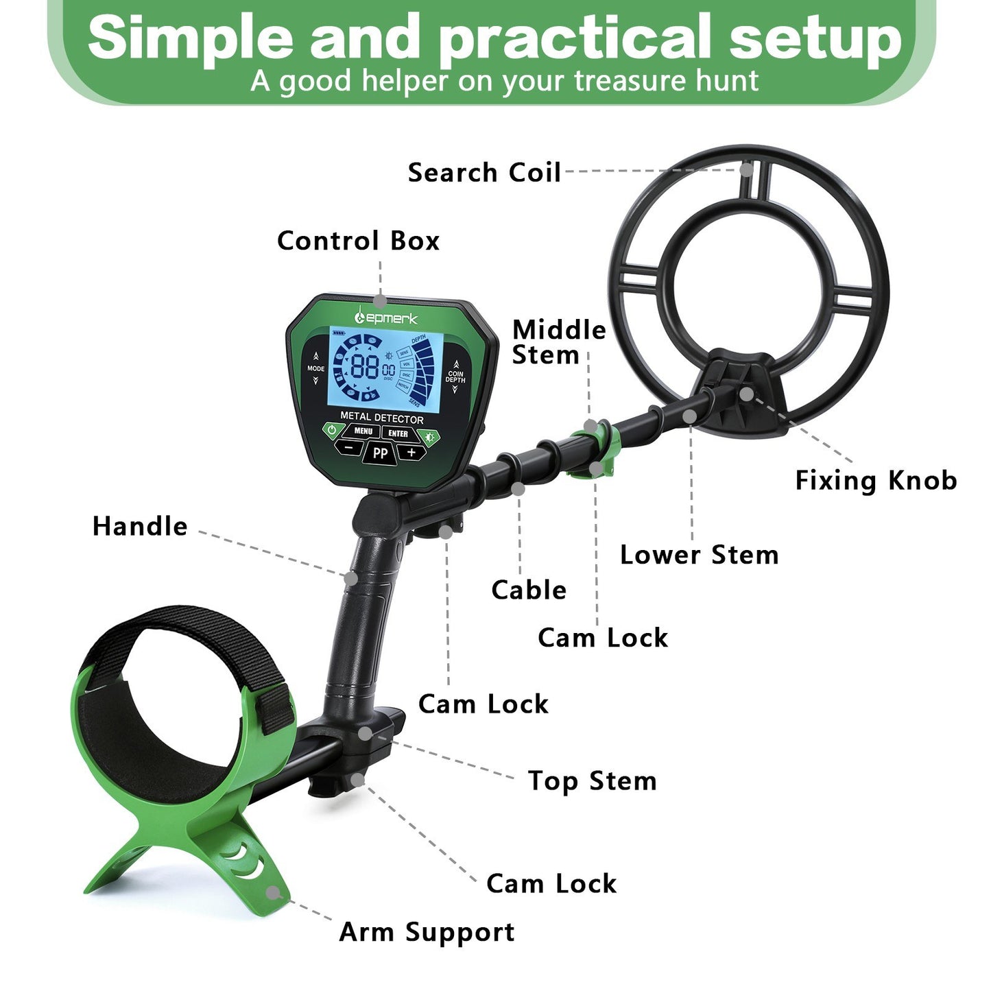 High-Accuracy Metal Detector for Kids & Adults with LCD, Adjustable Stem, 4 Modes, 10 Search Coil - Ideal for Gold, Silver, Coin and Treasure Hunting - Green