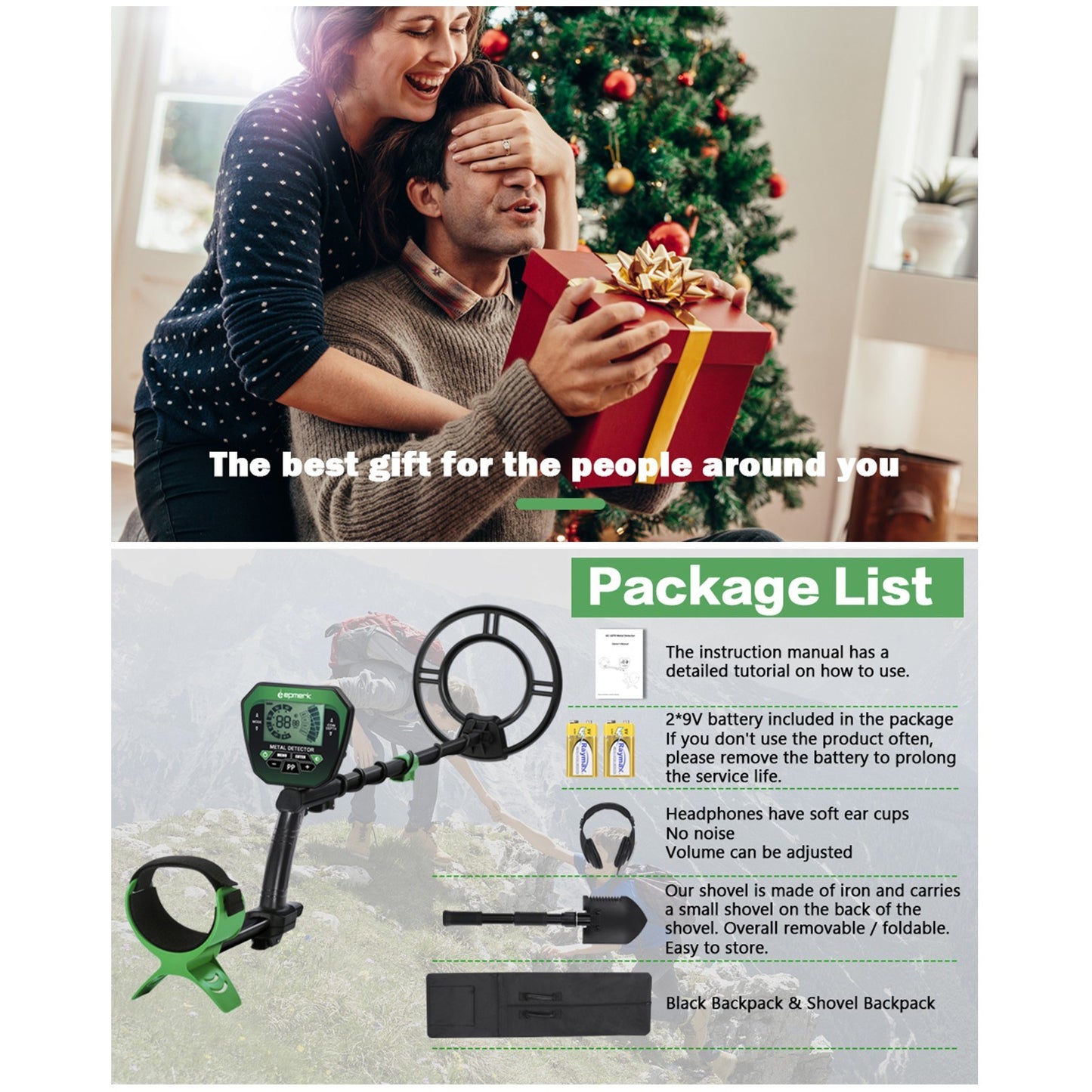 High-Accuracy Metal Detector for Kids & Adults with LCD, Adjustable Stem, 4 Modes, 10 Search Coil - Ideal for Gold, Silver, Coin and Treasure Hunting - Green