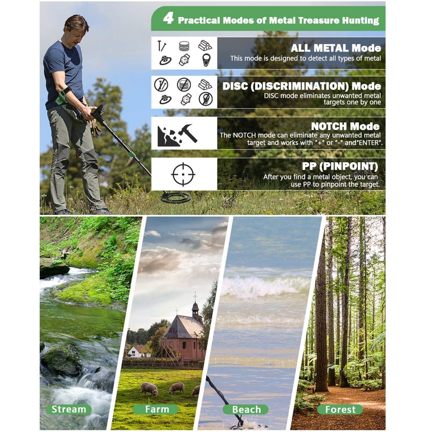 High-Accuracy Metal Detector for Kids & Adults with LCD, Adjustable Stem, 4 Modes, 10 Search Coil - Ideal for Gold, Silver, Coin and Treasure Hunting - Green