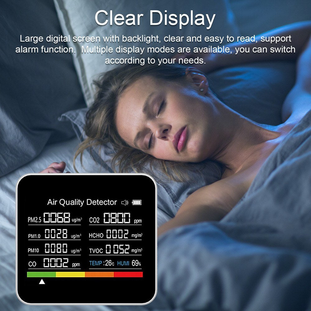 9-in-1 Air Quality Monitor: CO2, CO, TVOC, HCHO, PM2.5, PM1.0, PM10, Temperature, Humidity Detector