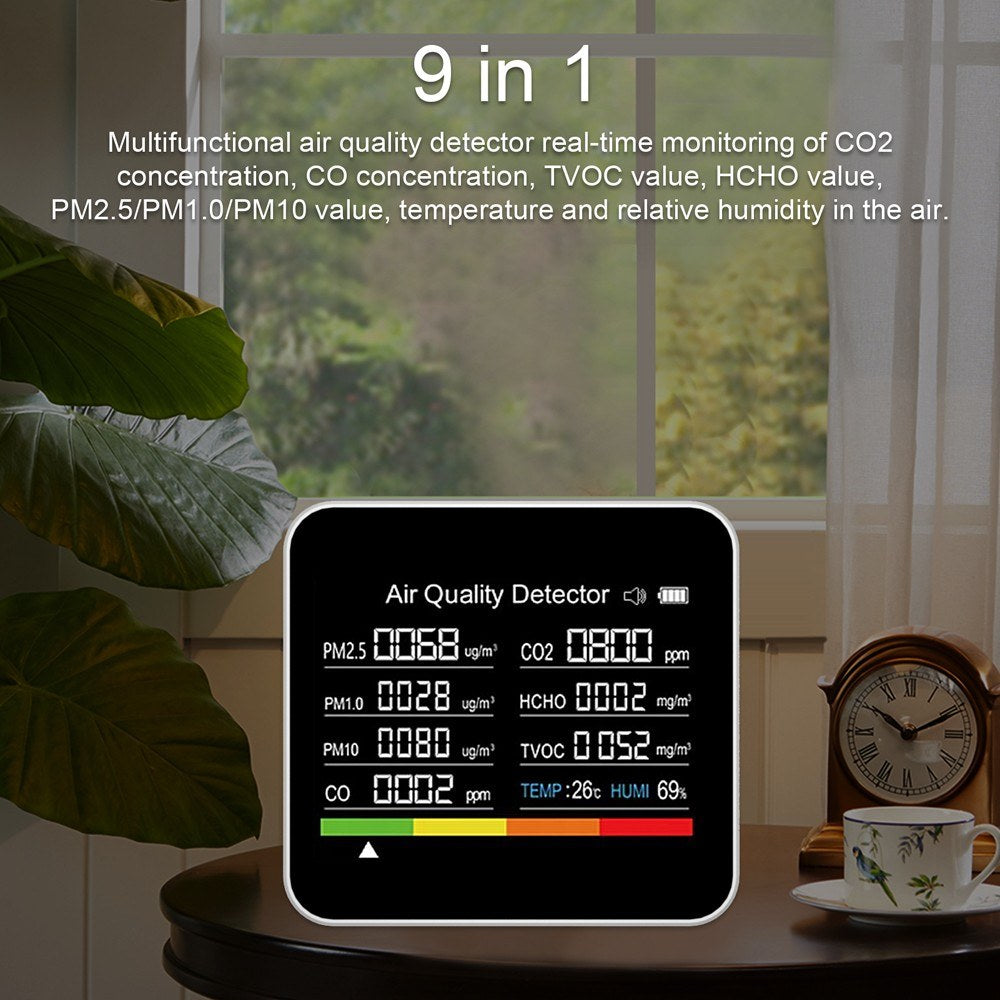 9-in-1 Air Quality Monitor: CO2, CO, TVOC, HCHO, PM2.5, PM1.0, PM10, Temperature, Humidity Detector