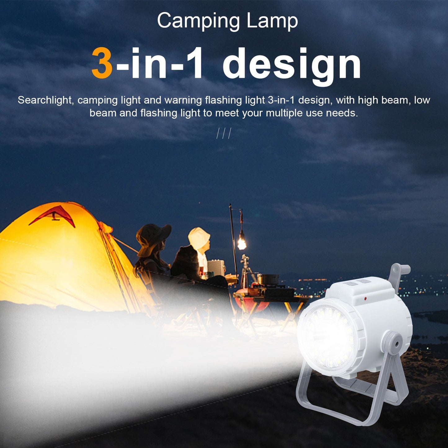 3-in-1 Portable Camping Lamp: Hand Crank Tent Light, Searchlight, SOS Flashlight with Adjustable Three-Color Temperatures