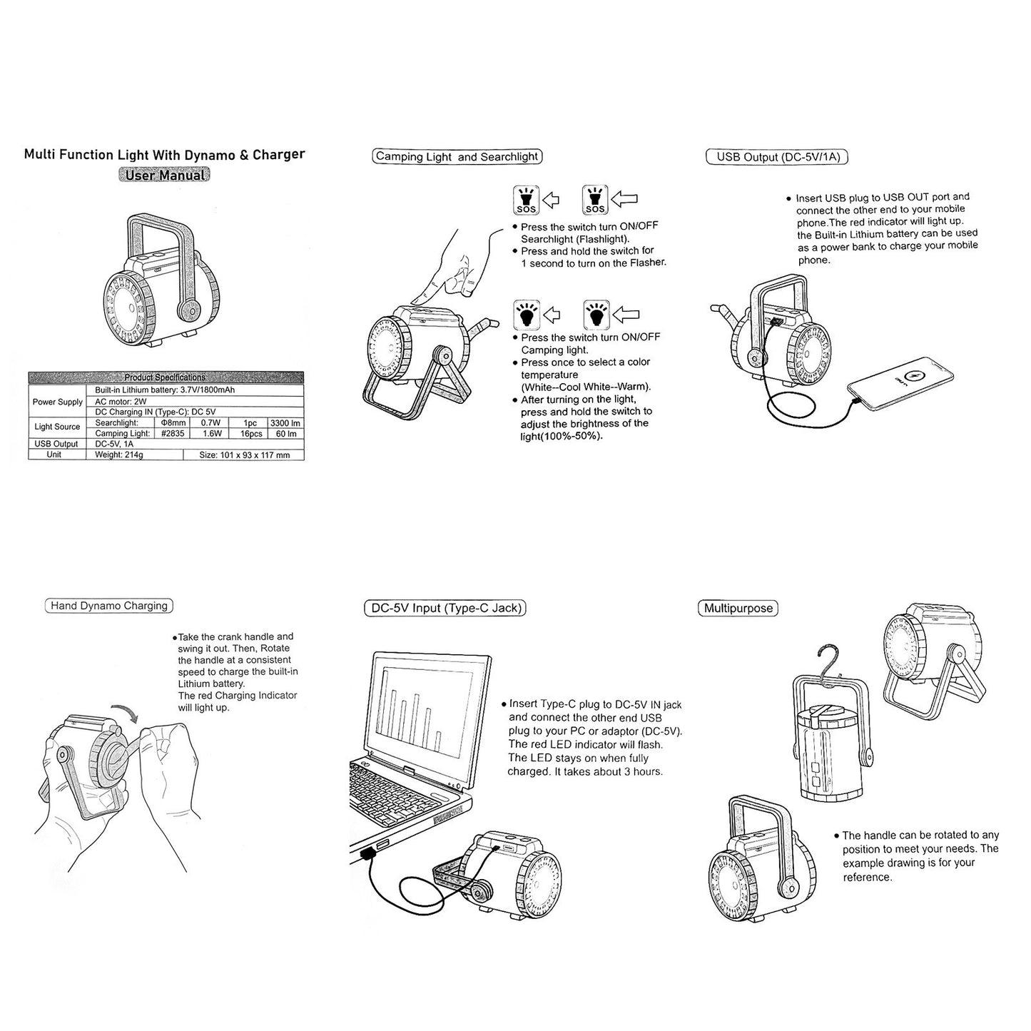 3-in-1 Portable Camping Lamp: Hand Crank Tent Light, Searchlight, SOS Flashlight with Adjustable Three-Color Temperatures