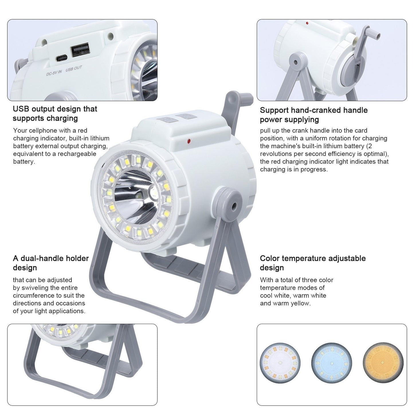 3-in-1 Portable Camping Lamp: Hand Crank Tent Light, Searchlight, SOS Flashlight with Adjustable Three-Color Temperatures