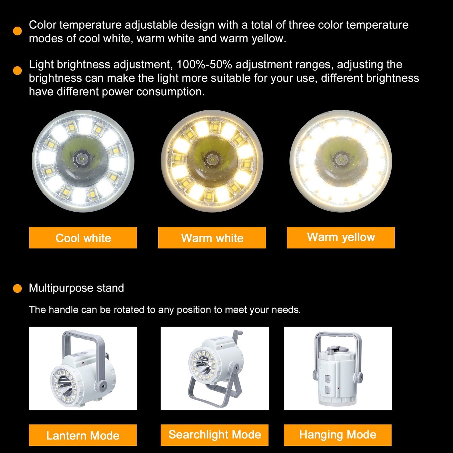 3-in-1 Portable Camping Lamp: Hand Crank Tent Light, Searchlight, SOS Flashlight with Adjustable Three-Color Temperatures