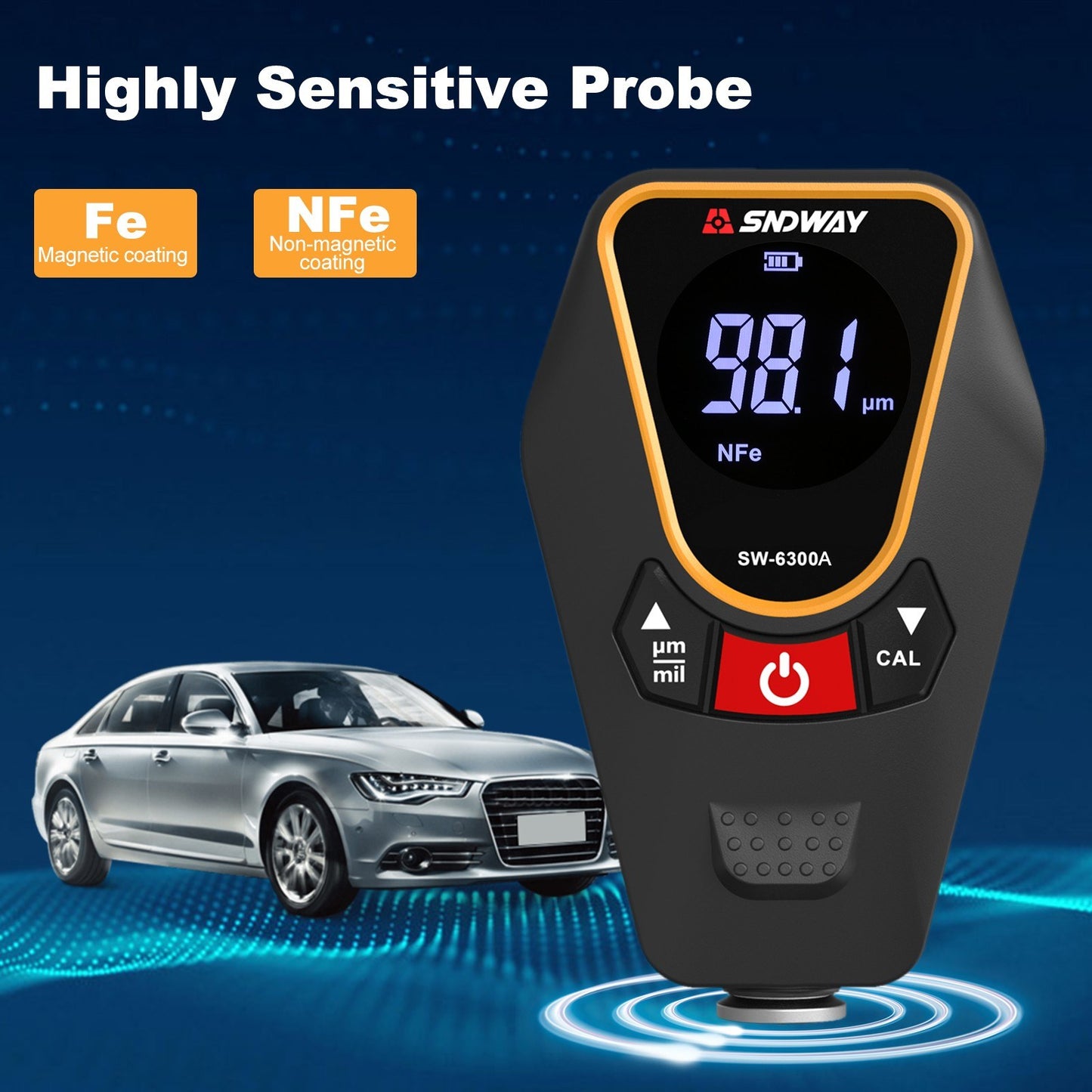 SNDWAY Car Paint Coating Thickness Gauge, Handheld Backlit LCD Meter, 0-1200μm Range, 0.01μm Resolution, Fe/NFe Detection, µm/mils Conversion, Auto-Off