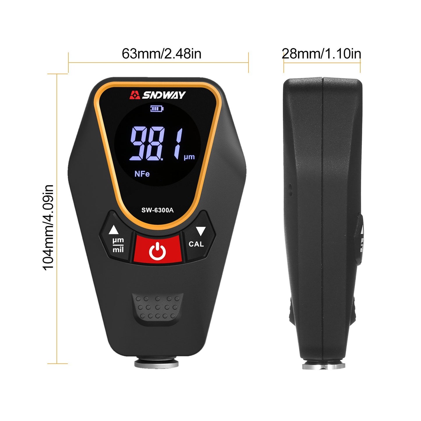 SNDWAY Car Paint Coating Thickness Gauge, Handheld Backlit LCD Meter, 0-1200μm Range, 0.01μm Resolution, Fe/NFe Detection, µm/mils Conversion, Auto-Off