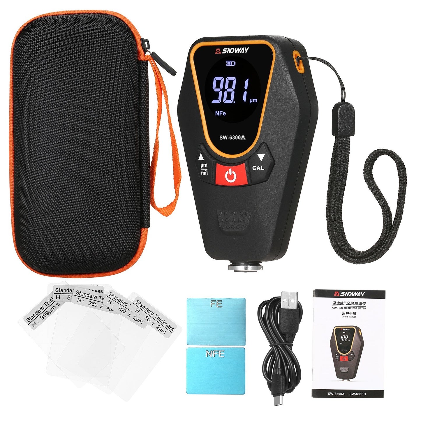 SNDWAY Car Paint Coating Thickness Gauge, Handheld Backlit LCD Meter, 0-1200μm Range, 0.01μm Resolution, Fe/NFe Detection, µm/mils Conversion, Auto-Off