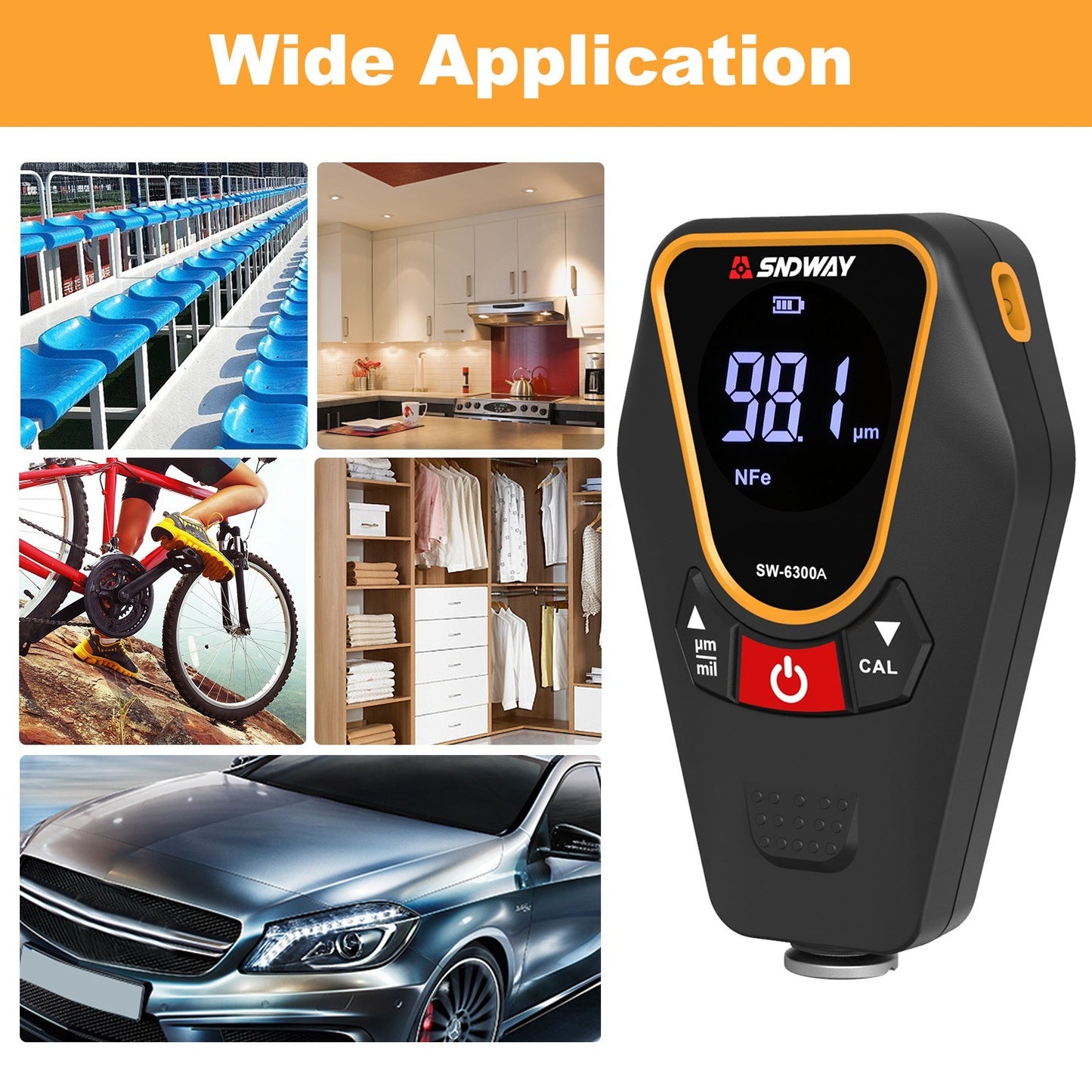 SNDWAY Car Paint Coating Thickness Gauge, Handheld Backlit LCD Meter, 0-1200μm Range, 0.01μm Resolution, Fe/NFe Detection, µm/mils Conversion, Auto-Off