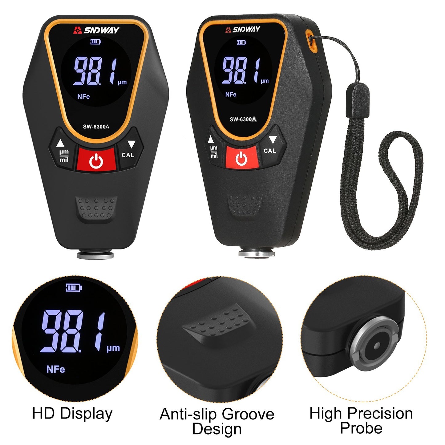 SNDWAY Car Paint Coating Thickness Gauge, Handheld Backlit LCD Meter, 0-1200μm Range, 0.01μm Resolution, Fe/NFe Detection, µm/mils Conversion, Auto-Off