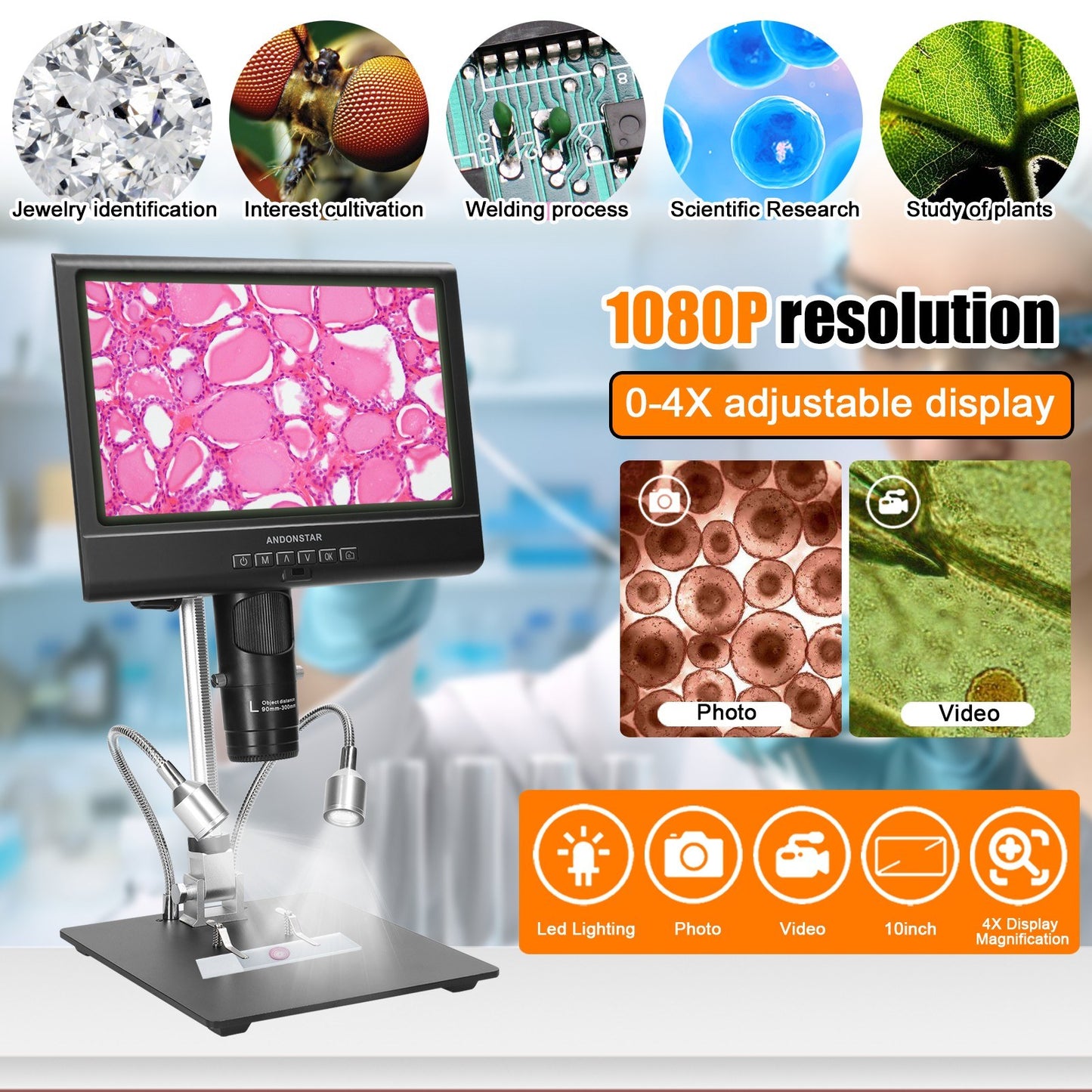 1080P Digital Soldering Microscope with 10-Inch LCD, 4X Magnification, Video & Photo Capture, LED Shadowless Lamp