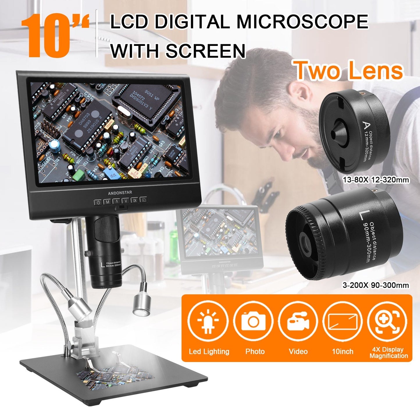 1080P Digital Soldering Microscope with 10-Inch LCD, 4X Magnification, Video & Photo Capture, LED Shadowless Lamp
