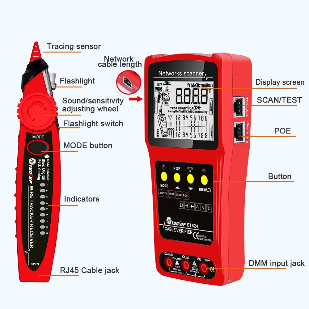 ET624 Portable 2-in-1 Network Cable Finder & Multimeter with LCD Display
