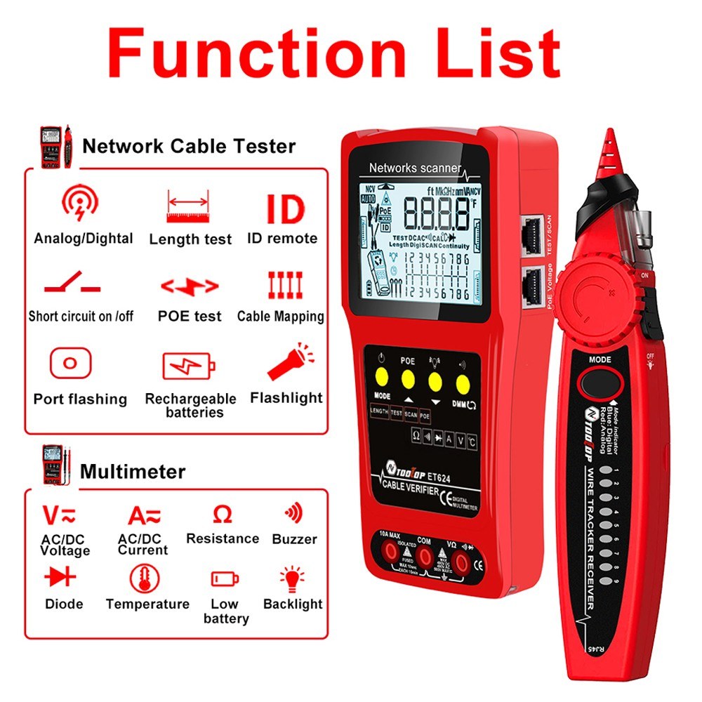 ET624 Portable 2-in-1 Network Cable Finder & Multimeter with LCD Display
