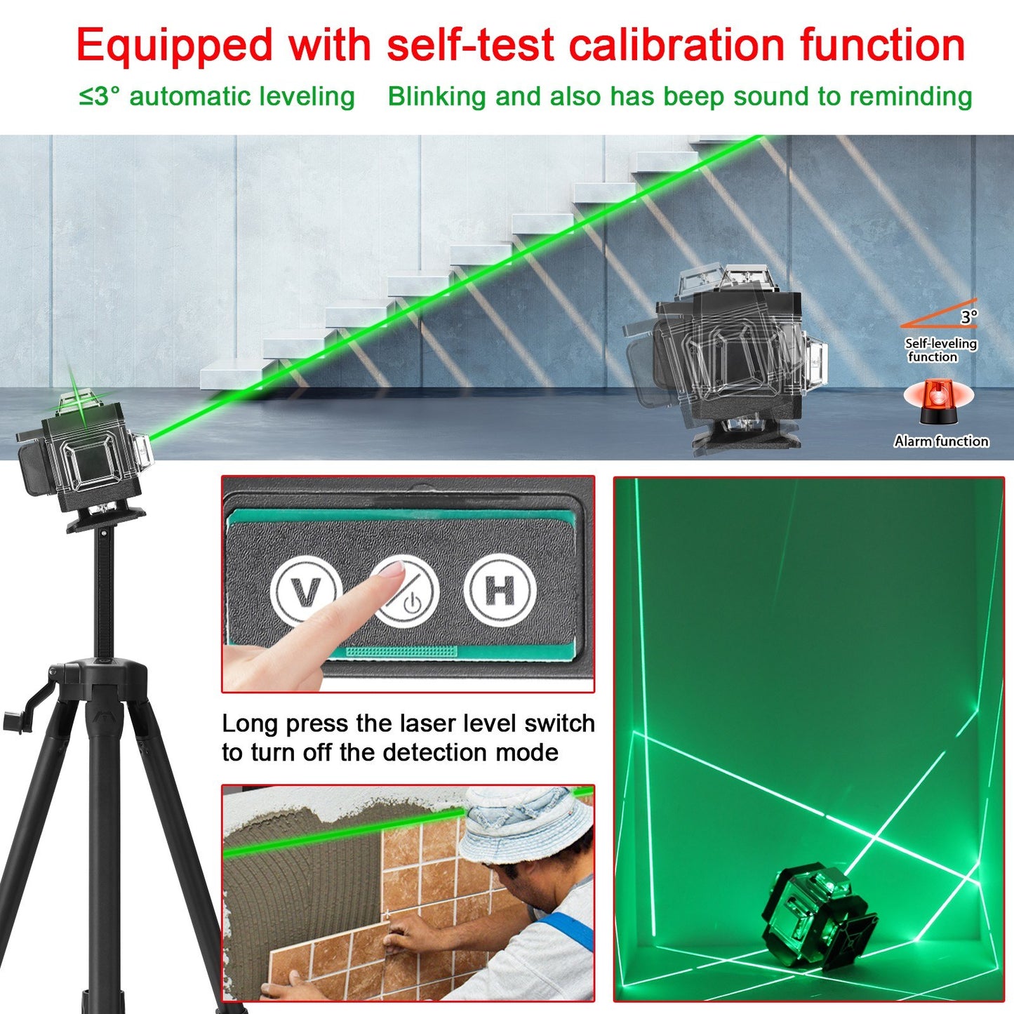16-Line Multifunctional Self-Leveling Laser Level with Rechargeable Battery, Waterproof Ground & Wall Level Tool Set, Includes 1.2m Adjustable Tripod for Home Improvement