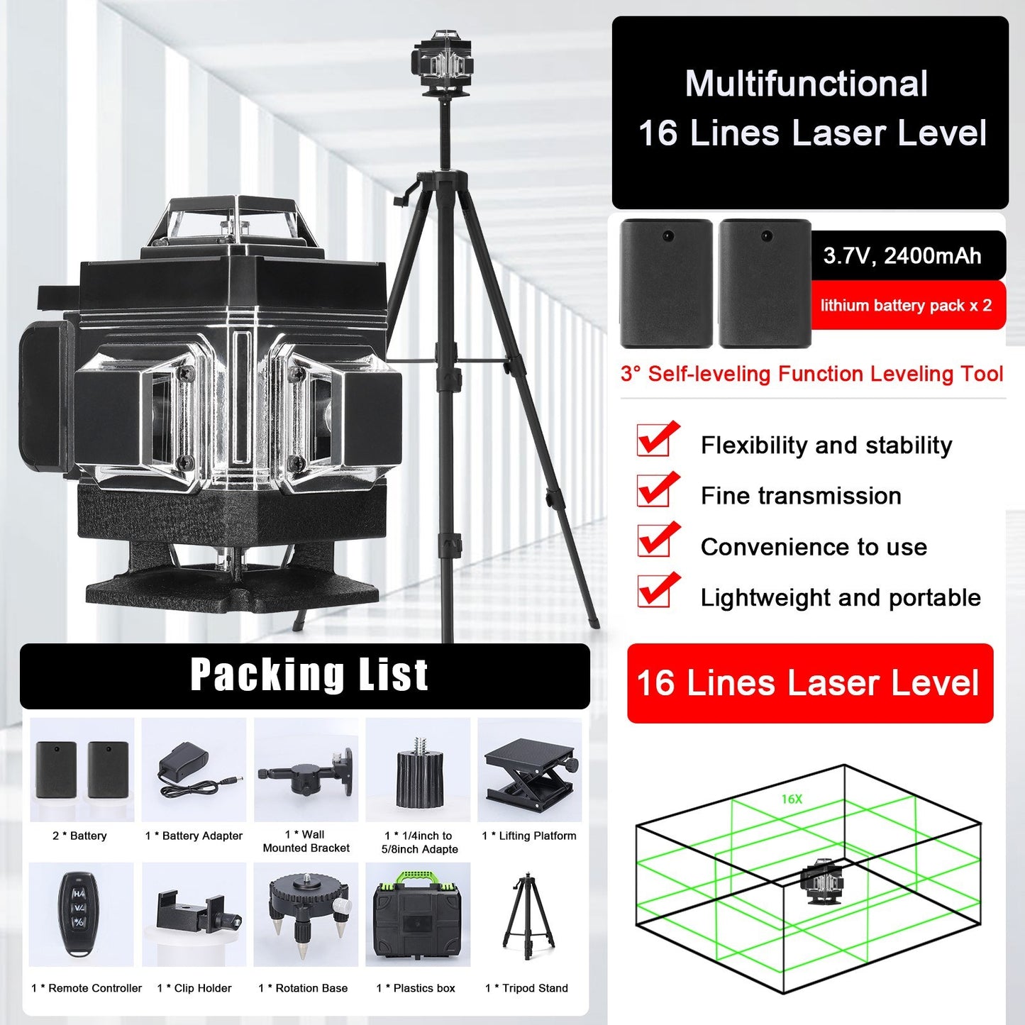 16-Line Multifunctional Self-Leveling Laser Level with Rechargeable Battery, Waterproof Ground & Wall Level Tool Set, Includes 1.2m Adjustable Tripod for Home Improvement