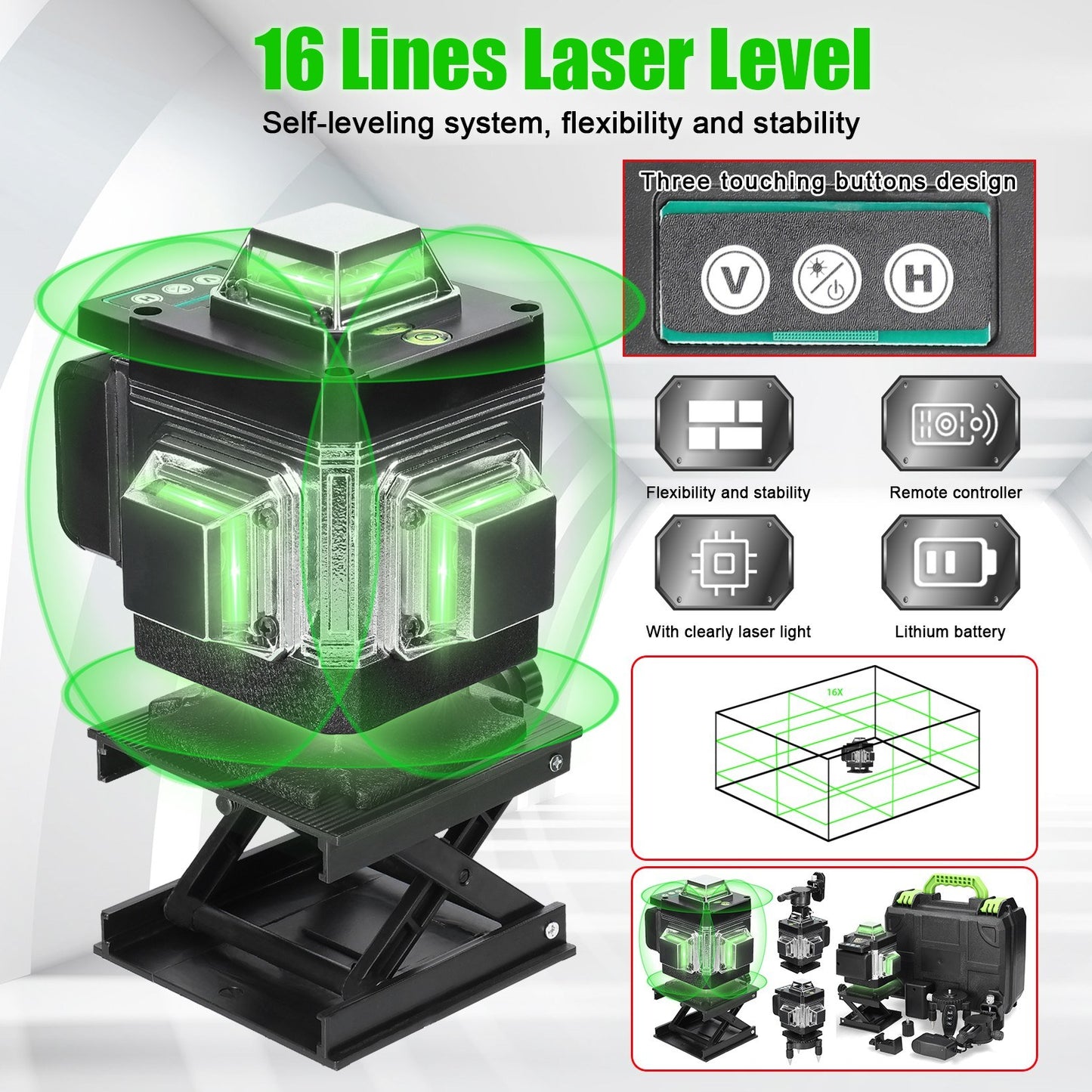 16-Line Multifunctional Self-Leveling Laser Level with Rechargeable Battery, Waterproof Ground & Wall Level Tool Set, Includes 1.2m Adjustable Tripod for Home Improvement
