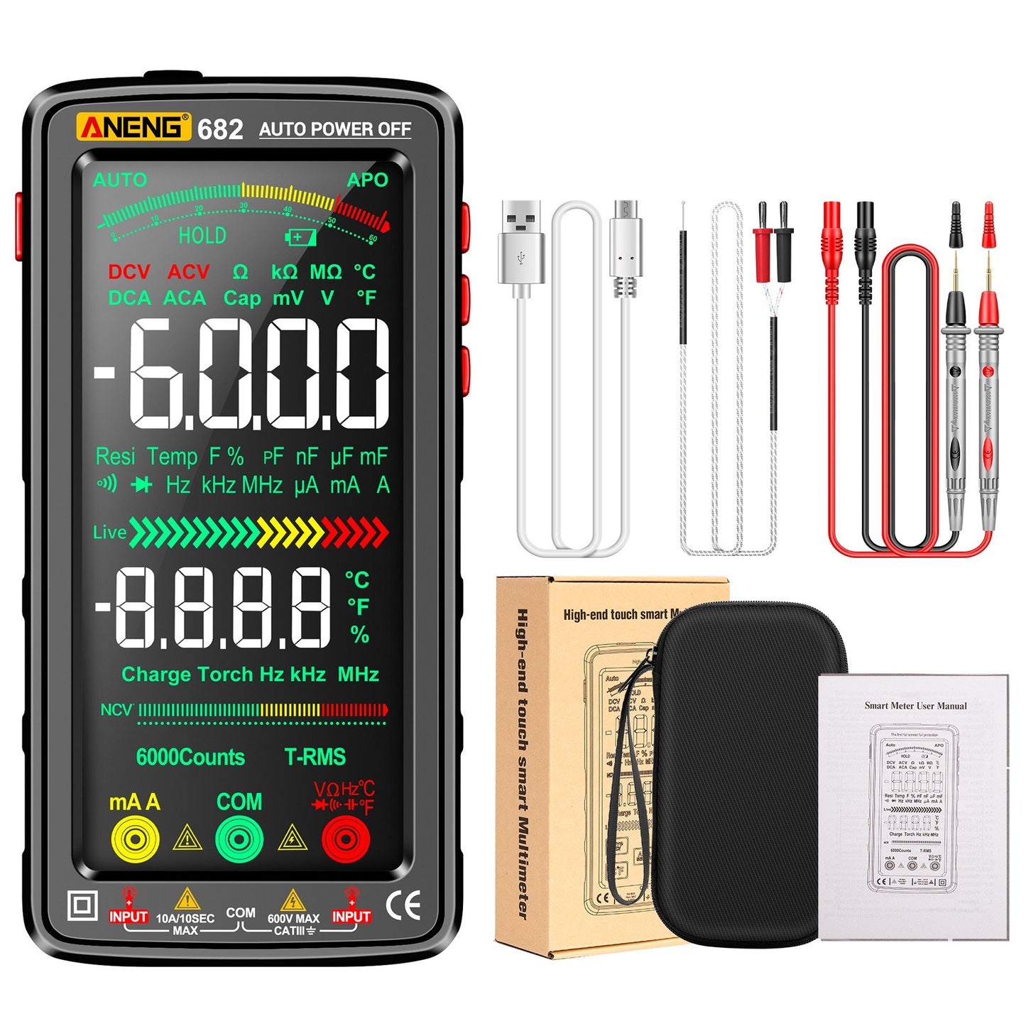 Smart ANENG 682 Digital Multimeter - 6000 Counts, Rechargeable, Anti-Burn, NCV Tester with Flashlight for Voltage, Current, Resistance, Capacitance, Temperature, Frequency, and Diode Measurement