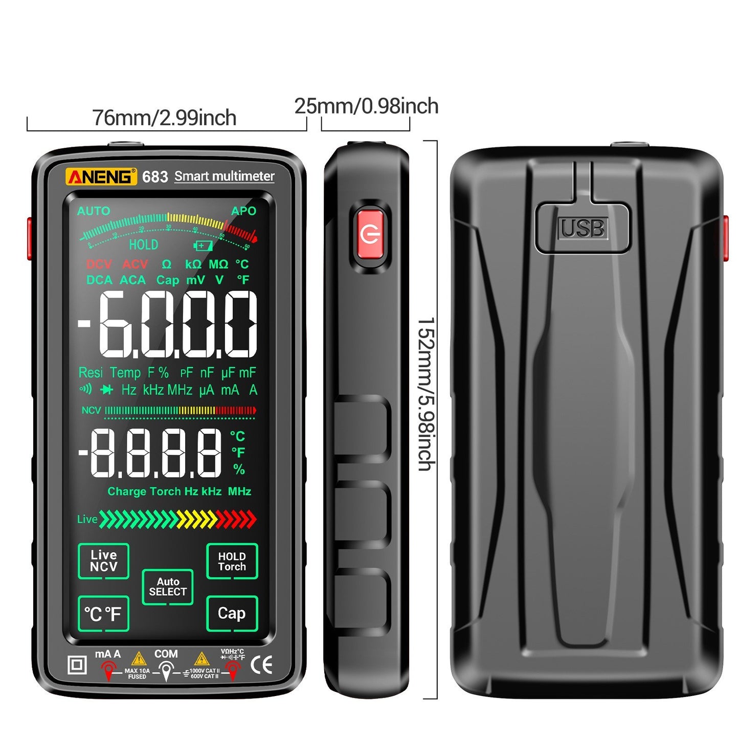 ANENG 683 Smart Digital Multimeter, 6000 Counts, Rechargeable Touch Screen, Anti-burn, NCV Tester with VA Reverse Display