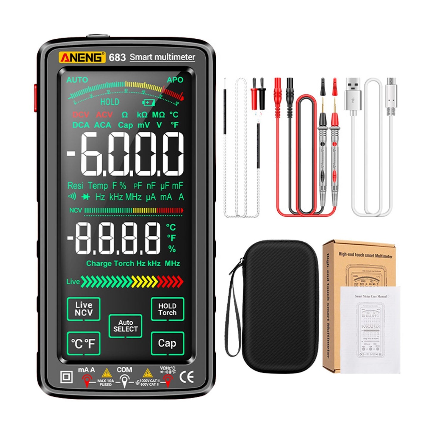 ANENG 683 Smart Digital Multimeter, 6000 Counts, Rechargeable Touch Screen, Anti-burn, NCV Tester with VA Reverse Display