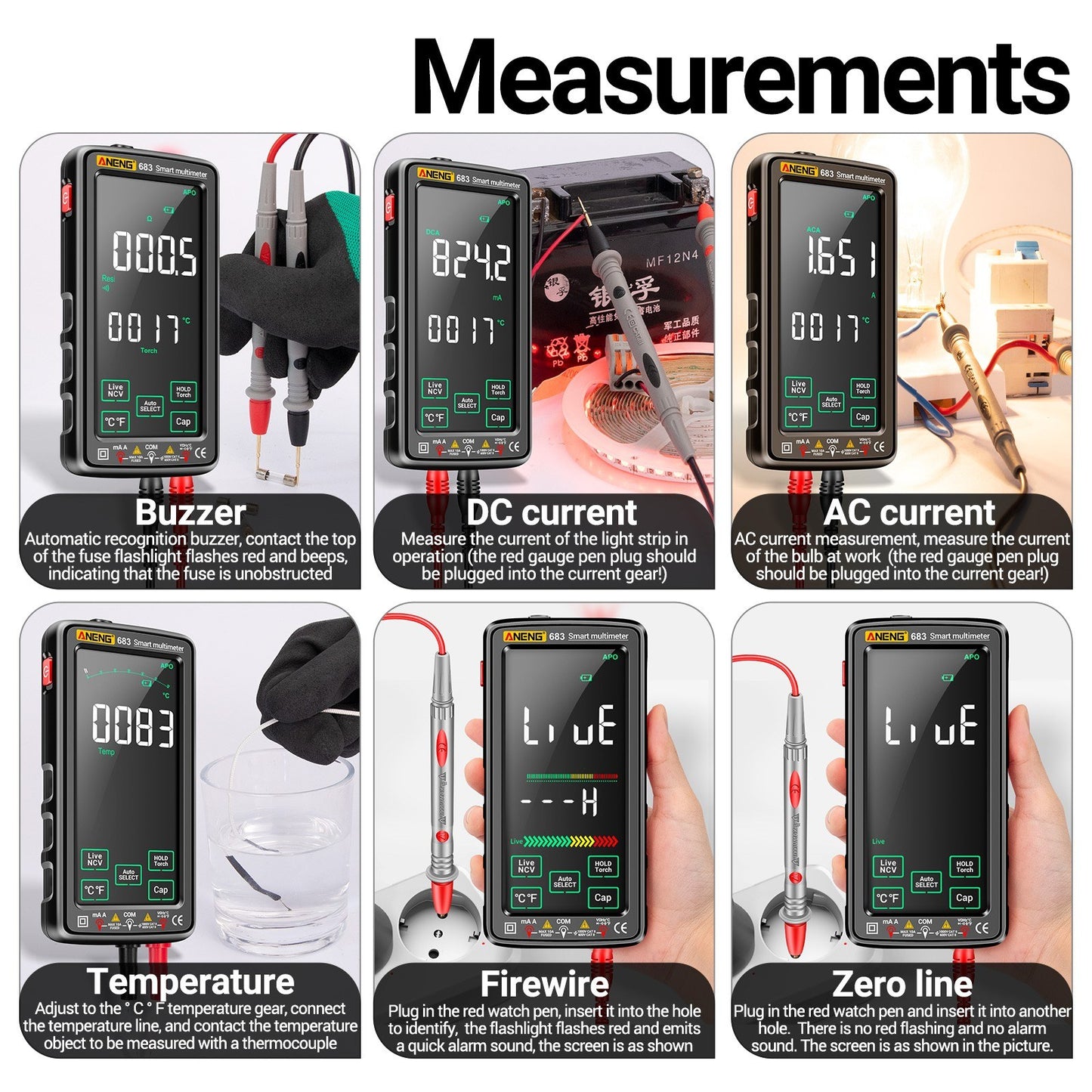 ANENG 683 Smart Digital Multimeter, 6000 Counts, Rechargeable Touch Screen, Anti-burn, NCV Tester with VA Reverse Display