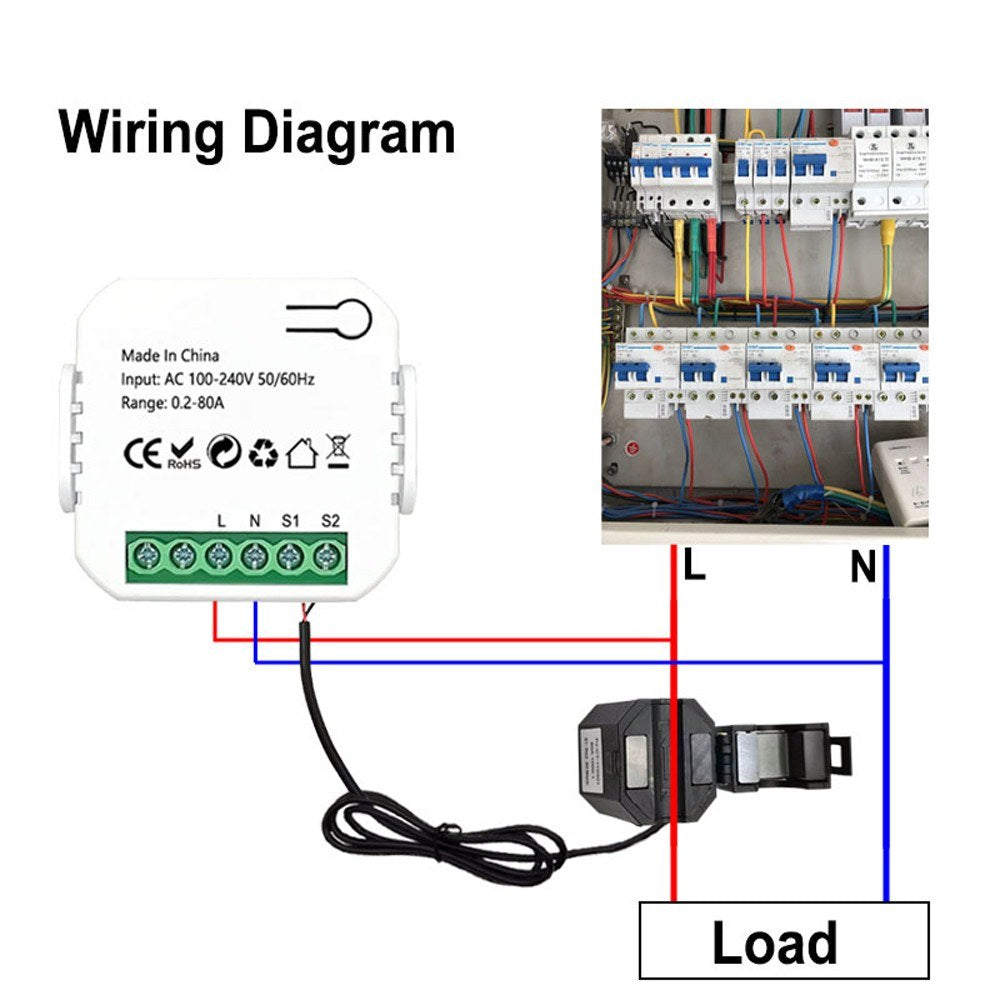Tuya WiFi Energy Meter 80A Clamp KWh Monitor, Alexa & Google Home Compatible