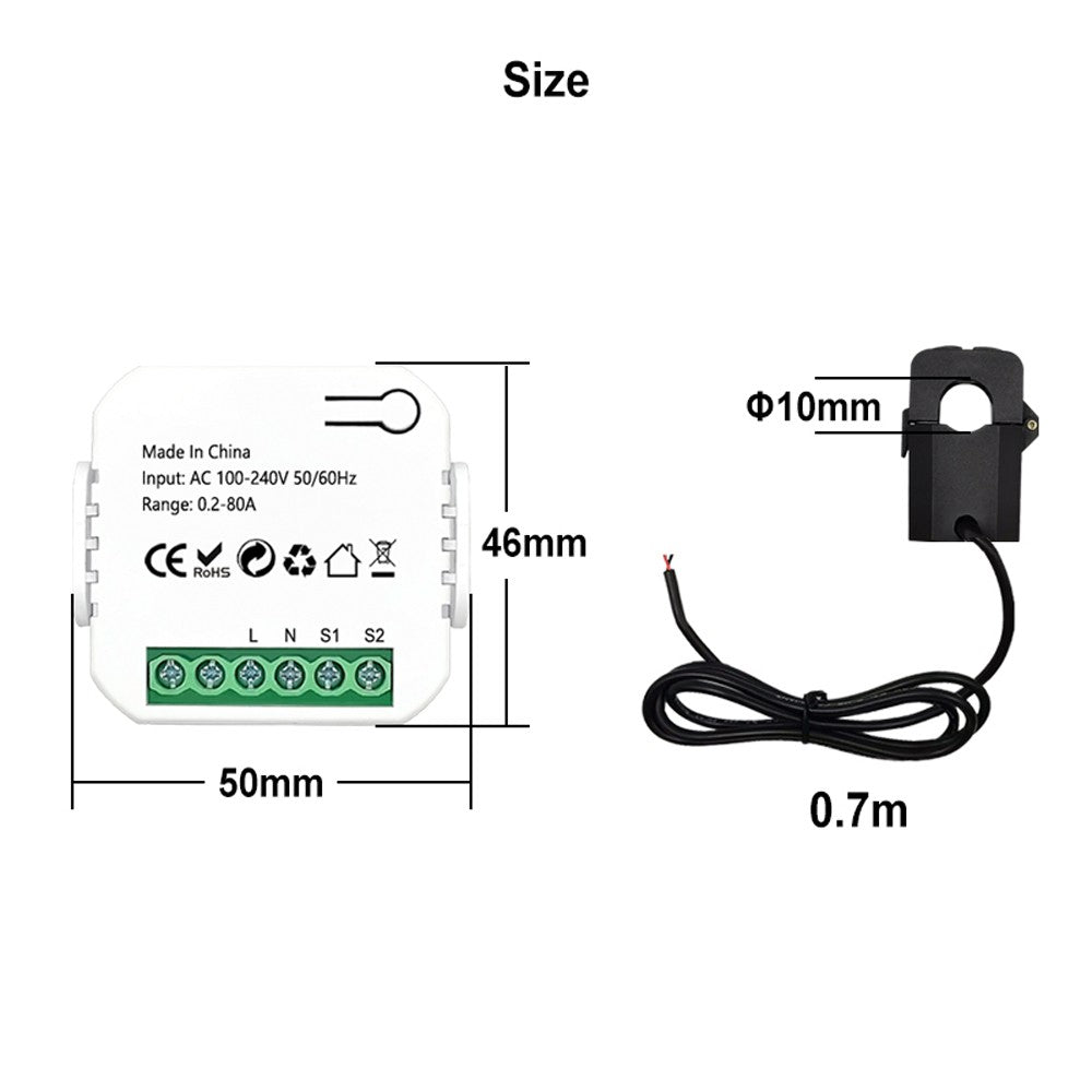 Tuya WiFi Energy Meter 80A Clamp KWh Monitor, Alexa & Google Home Compatible