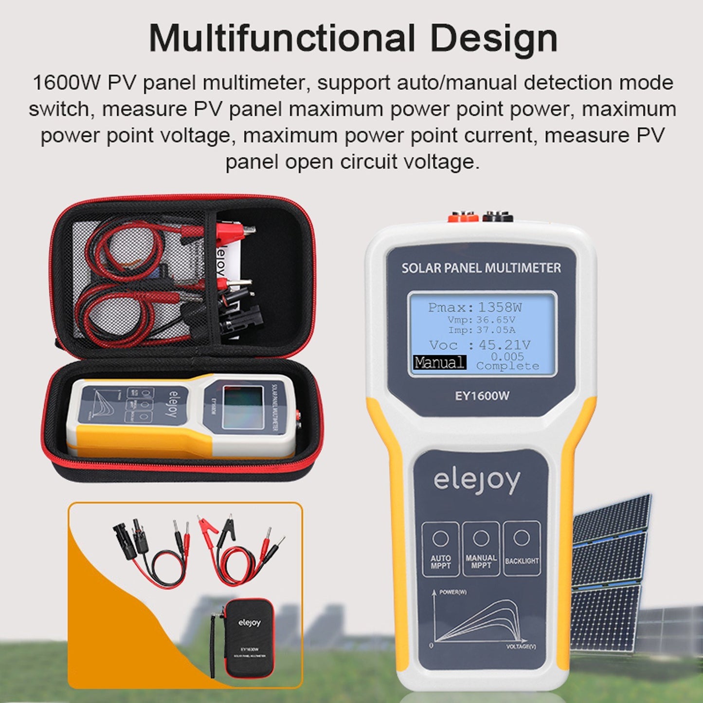 Solar Panel Tester 1600W MPPT Photovoltaic Multimeter - Voltage, Current & Power Meter with LCD Backlight