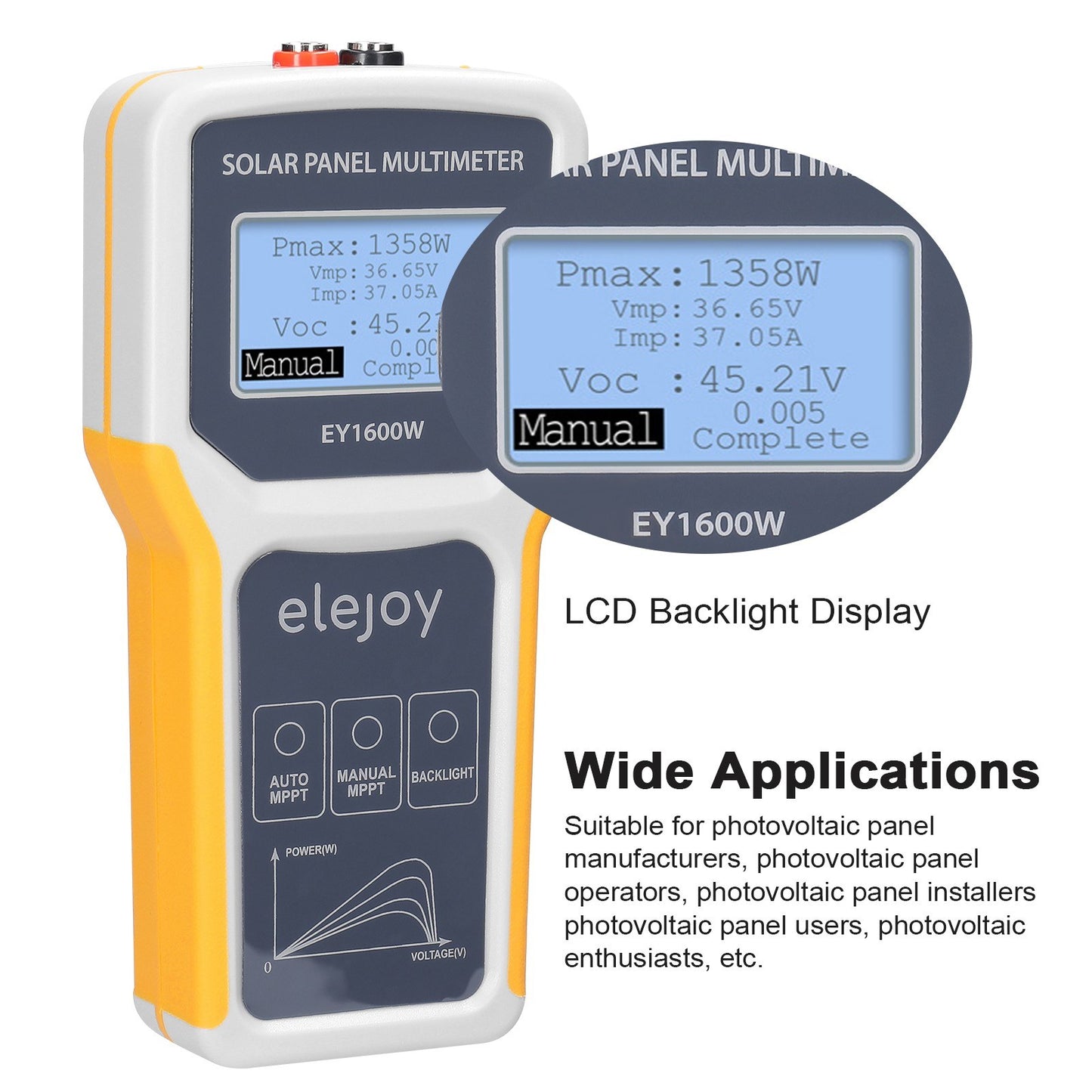 Solar Panel Tester 1600W MPPT Photovoltaic Multimeter - Voltage, Current & Power Meter with LCD Backlight