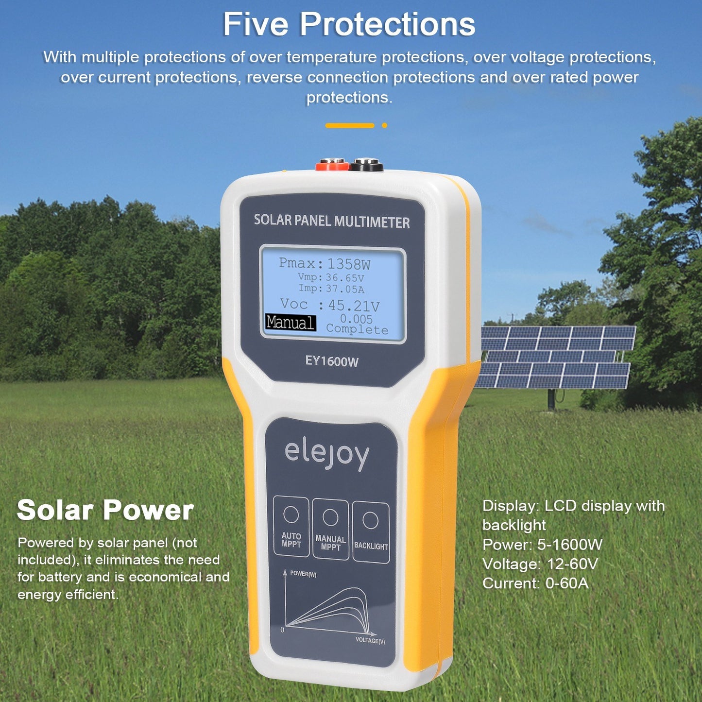 Solar Panel Tester 1600W MPPT Photovoltaic Multimeter - Voltage, Current & Power Meter with LCD Backlight