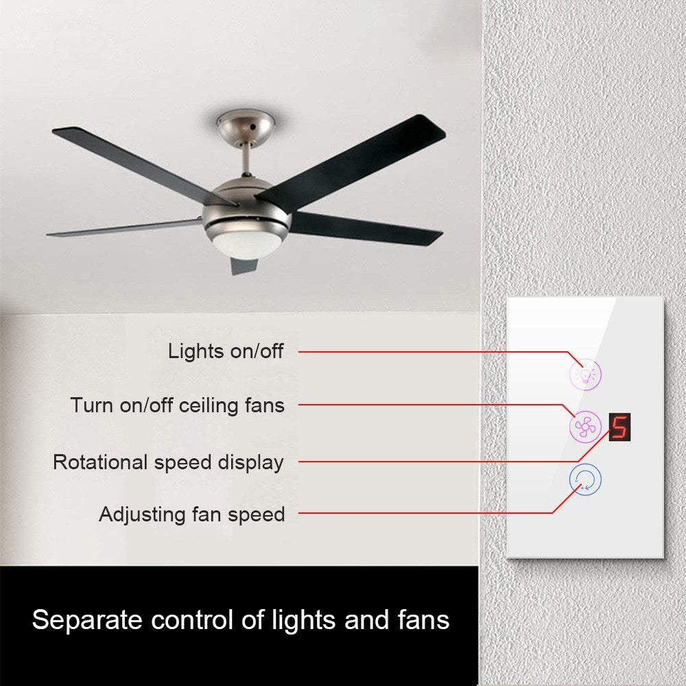 Tuya WiFi Smart Touchscreen Fan Light Switch, Speed Adjustable, Voice Control, Alexa & Google Home Compatible
